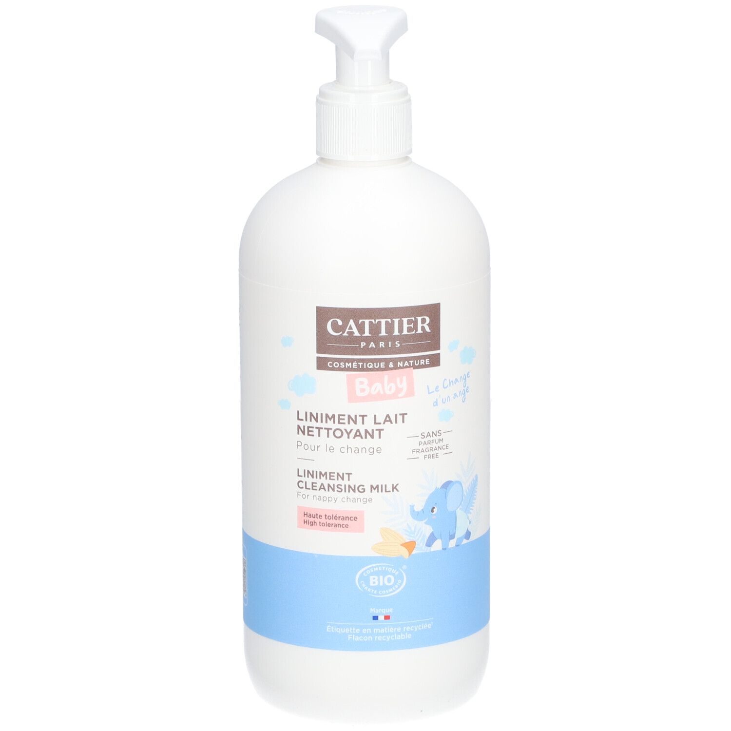 Weiße Flasche mit Pumpe. Aufschrift: CATTIER, Baby, Liniment Lait Nettoyant. Mit Bio-Siegel und Elefanten-Illustration.
