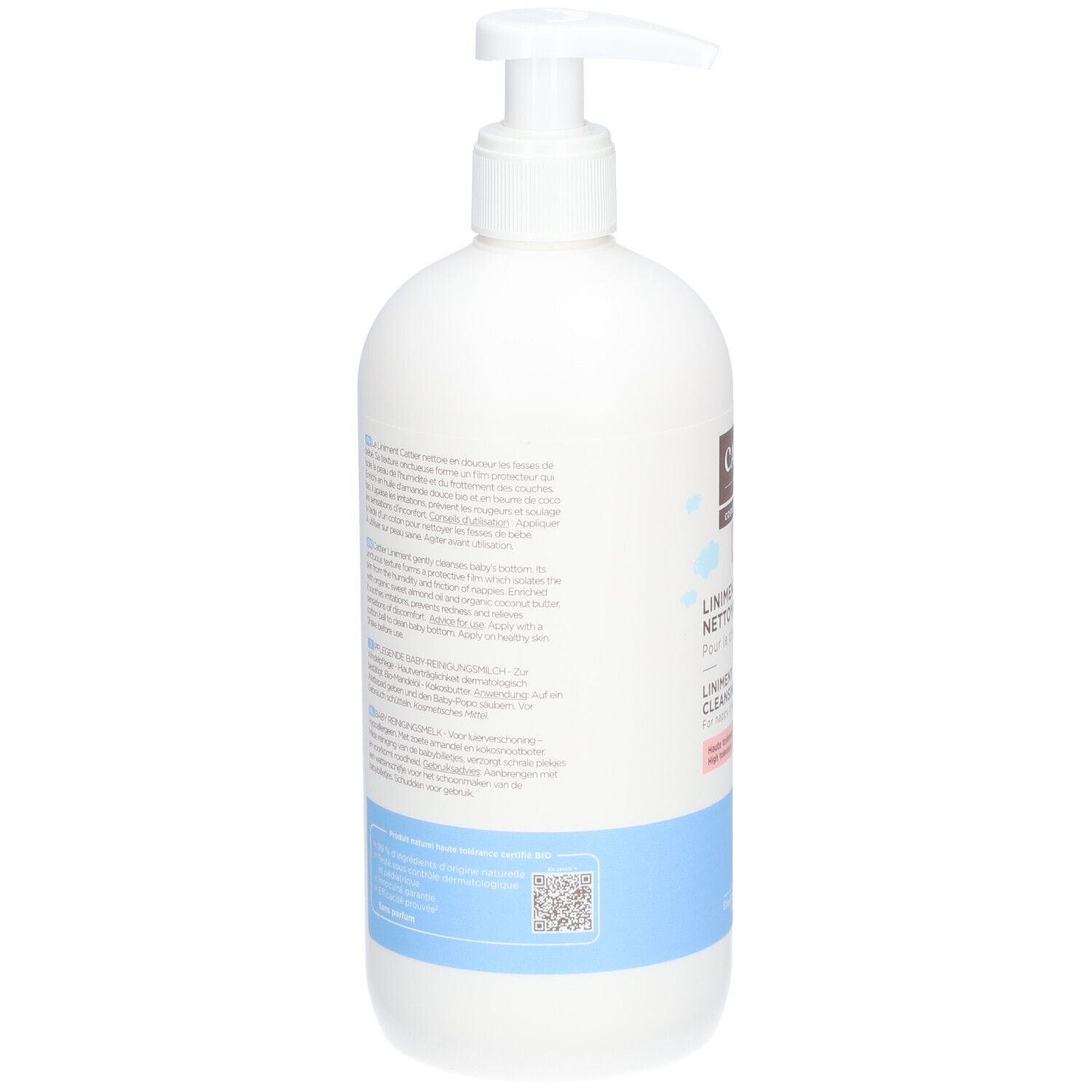 Rückseite der weißen Flasche. Text in mehreren Sprachen. QR-Code und blaue Banderole am unteren Rand.