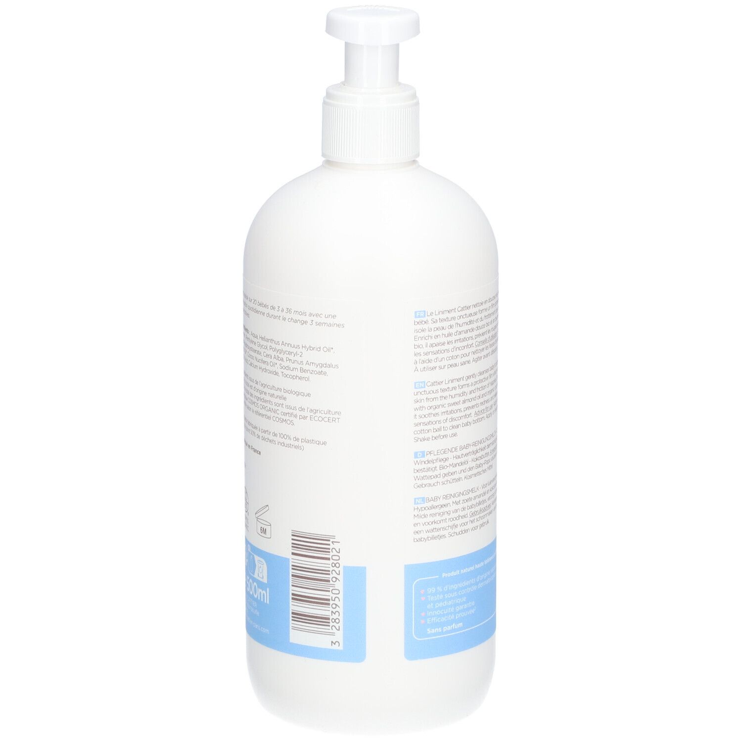 Rückseite der weißen Flasche. Text in mehreren Sprachen. Barcode und blaue Banderole am unteren Rand.