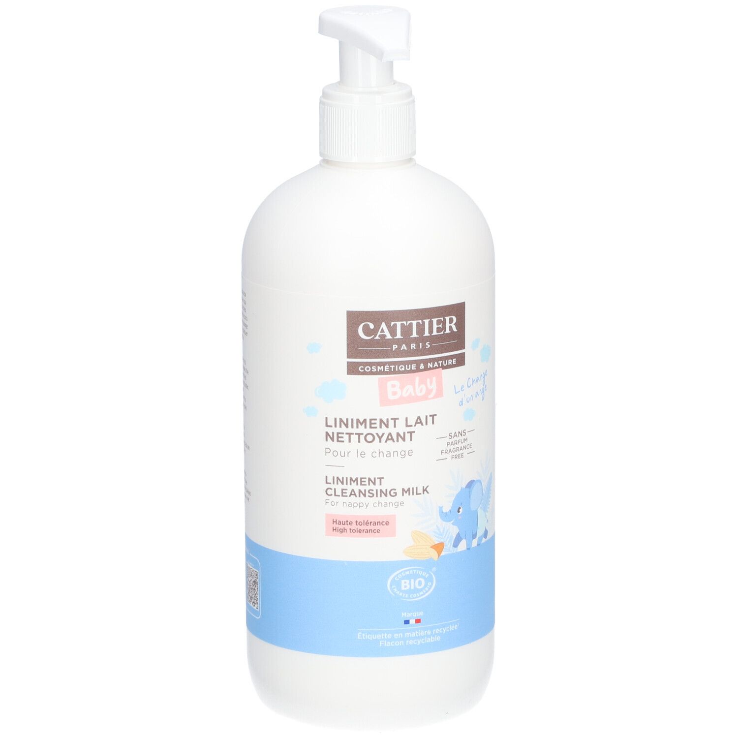 Weiße Flasche mit Pumpe. Aufschrift: CATTIER, Baby, Liniment Lait Nettoyant. Mit Bio-Siegel und Elefanten-Illustration.