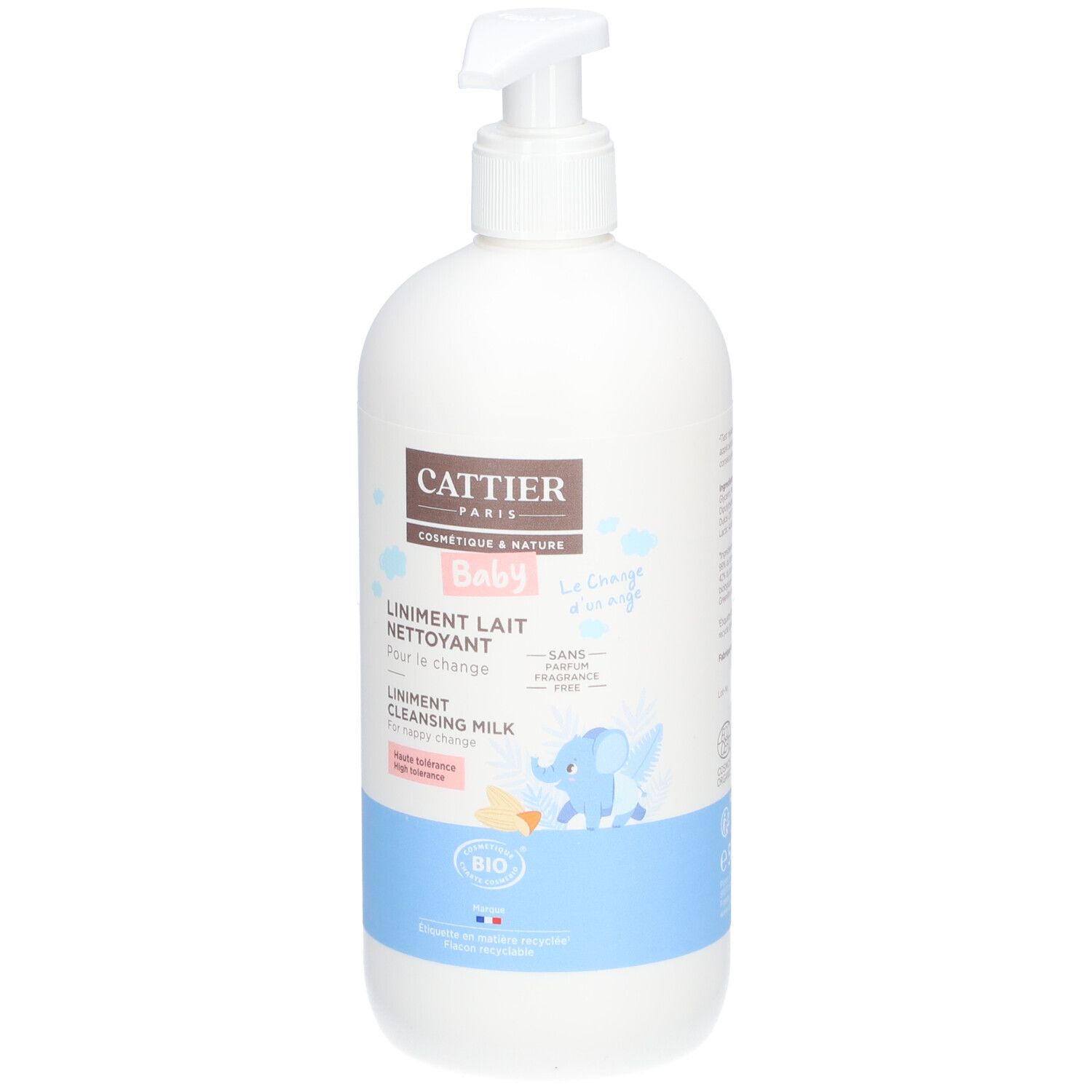 Weiße Flasche mit Pumpe. Aufschrift: CATTIER, Baby, Liniment Lait Nettoyant. Mit Bio-Siegel und Elefanten-Illustration.
