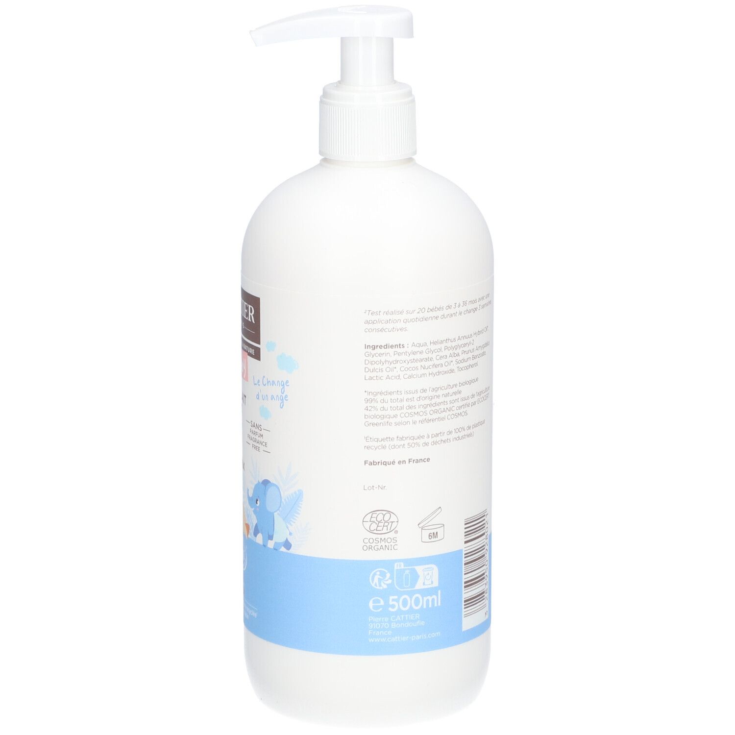 Rückseite der weißen Flasche. Text in mehreren Sprachen. Bio-Siegel, Volumenangabe 500ml und Fabriqué en France.