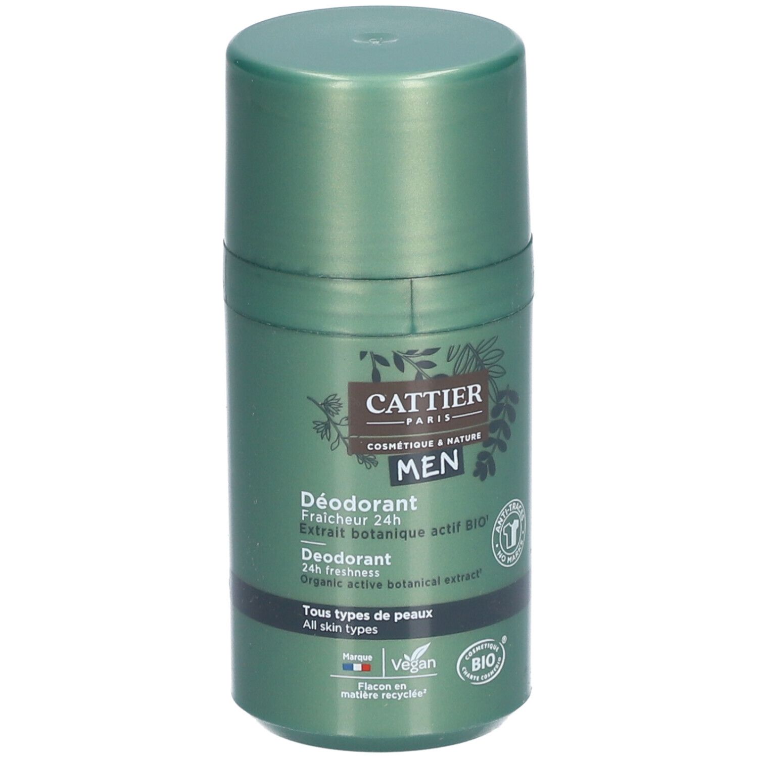 Grüner Roll-on-Deodorant für Männer. Aufschrift: CATTIER, MEN, Déodorant, 24h Frische, BIO. Vegan-Siegel.