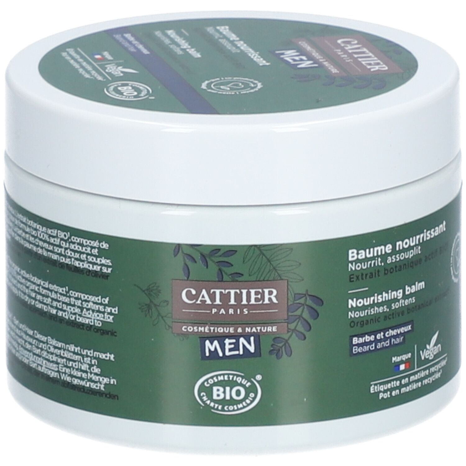 Weißer Tiegel mit grünem Etikett. Aufschrift: CATTIER PARIS, MEN, COSMETIQUE & NATURE, BIO. Vegan-Logo. Deckel mit Aufschrift.