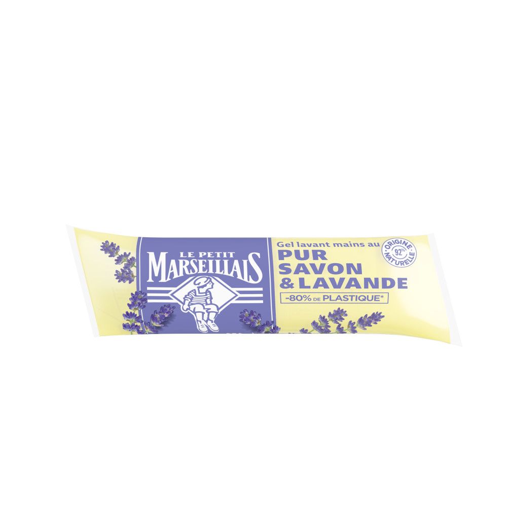 Gel lavant mains au Pur Savon & Lavande. Emballage jaune et détails violets. Marque: LE PETIT MARSEILLAIS.