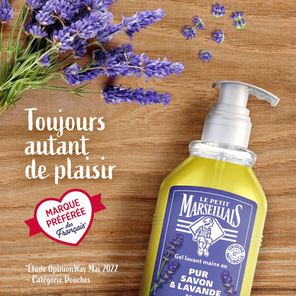 Flacon de gel lavant avec lavande. Marque: LE PETIT MARSEILLAIS. Texte: Marque préférée des Français. Catégorie Douches.