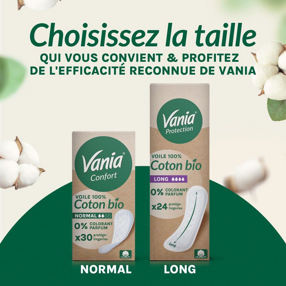 VANIA Voile 100% Bio-Baumwolle: Normal (30 Stk.) und Long (24 Stk.).