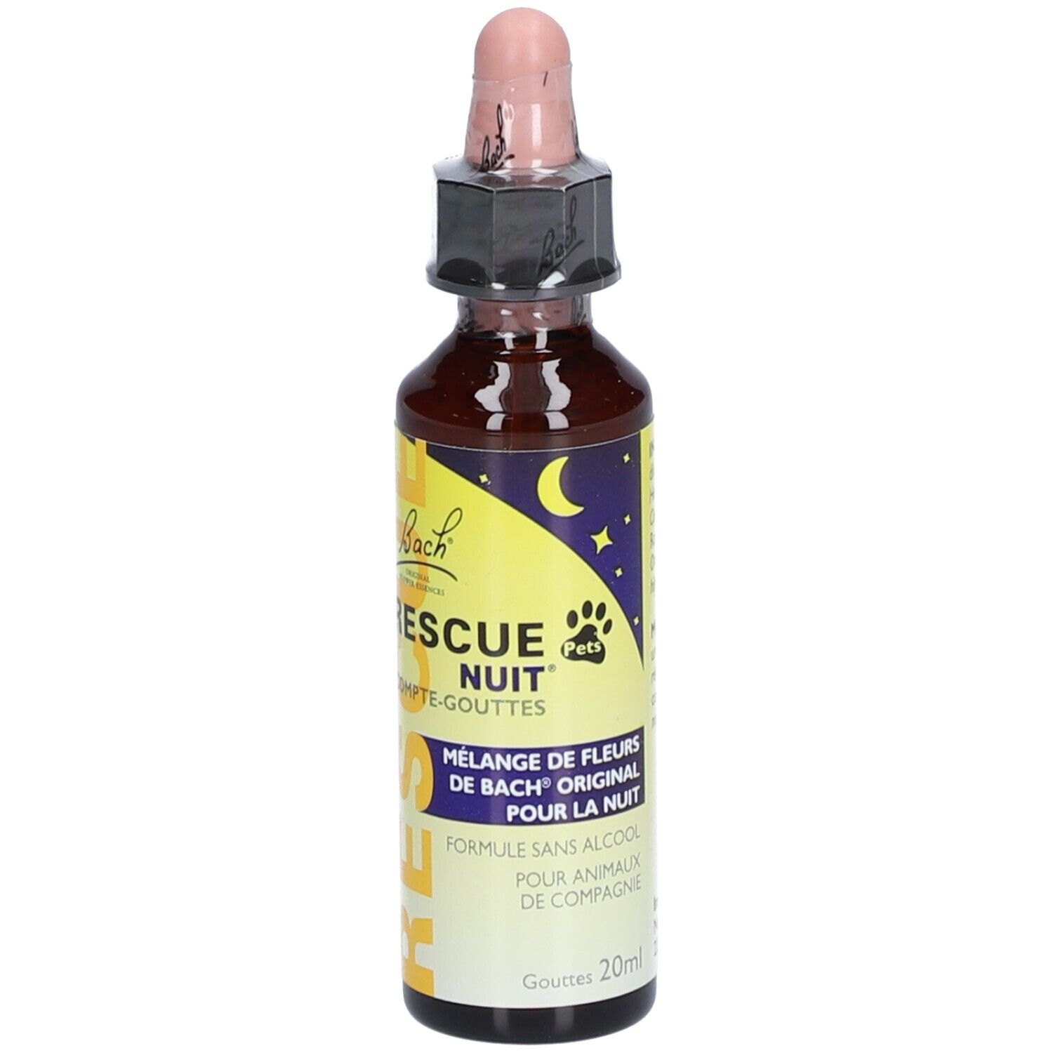 Braune Glasflasche mit rosa Pipette. Aufschrift: RESCUE Nuit® Pets. Mischung aus Bachblüten für Tiere. 20ml.