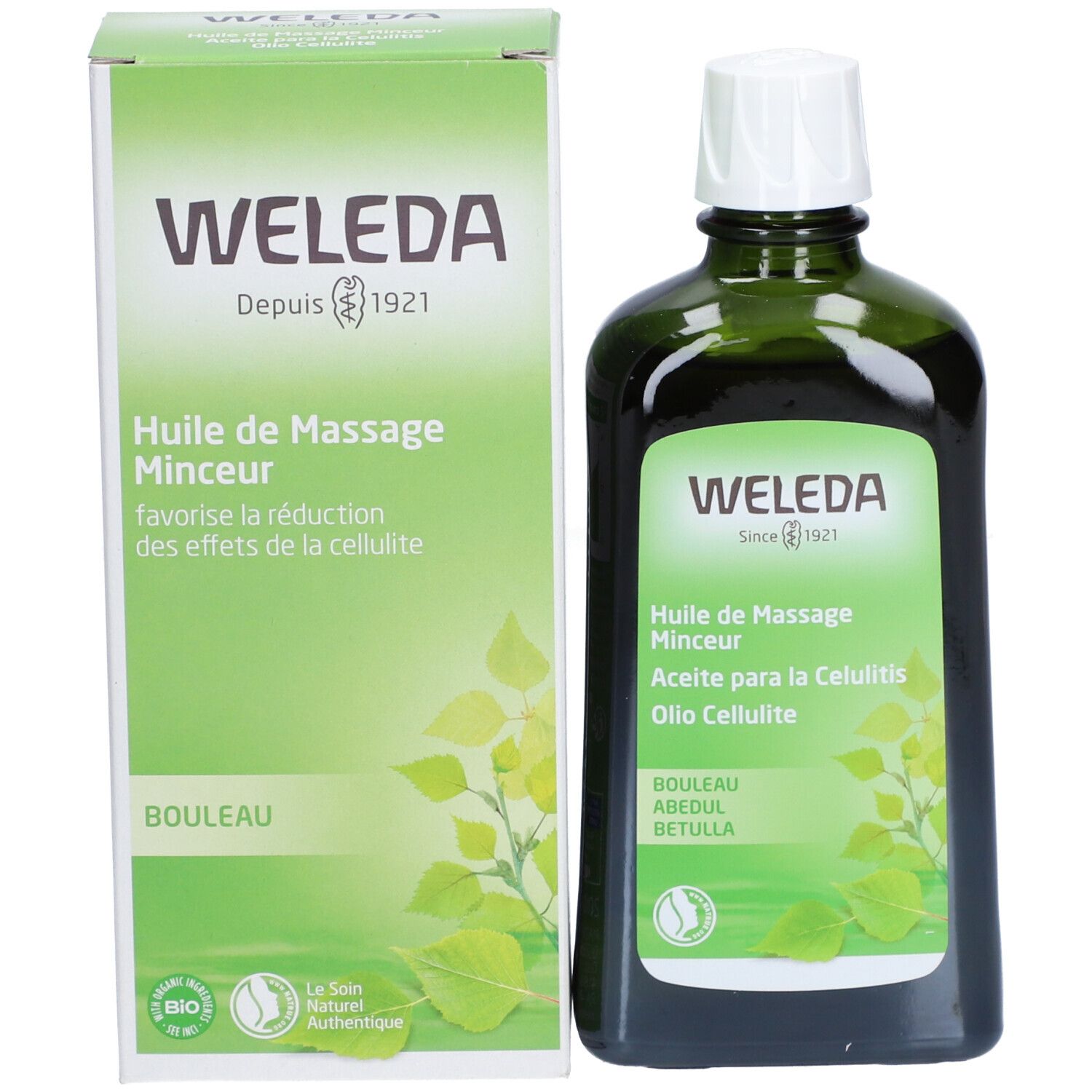 Produktflasche und Verpackung nebeneinander. Grüne Verpackung mit Produktnamen und Marke WELEDA. Zertifizierungen.