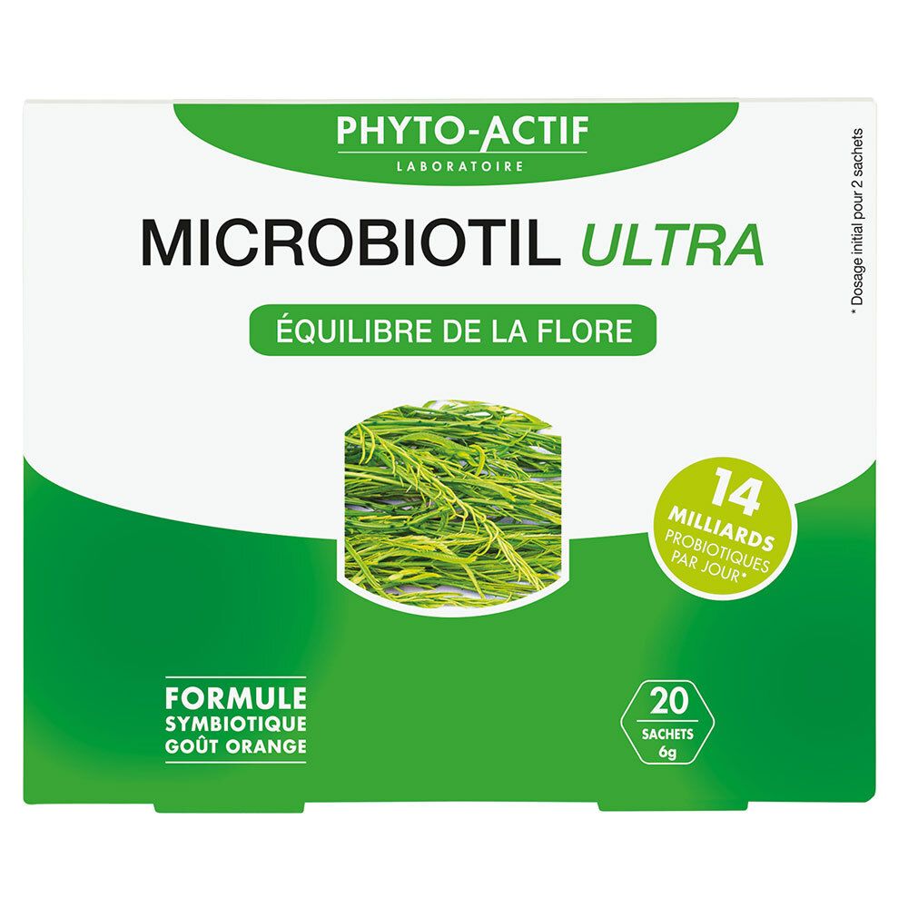 Boîte blanche et verte. Inscription: Mikrobiotil Ultra, Équilibre de la flore, 14 milliards probiotiques par jour. Contient 20 sachets.