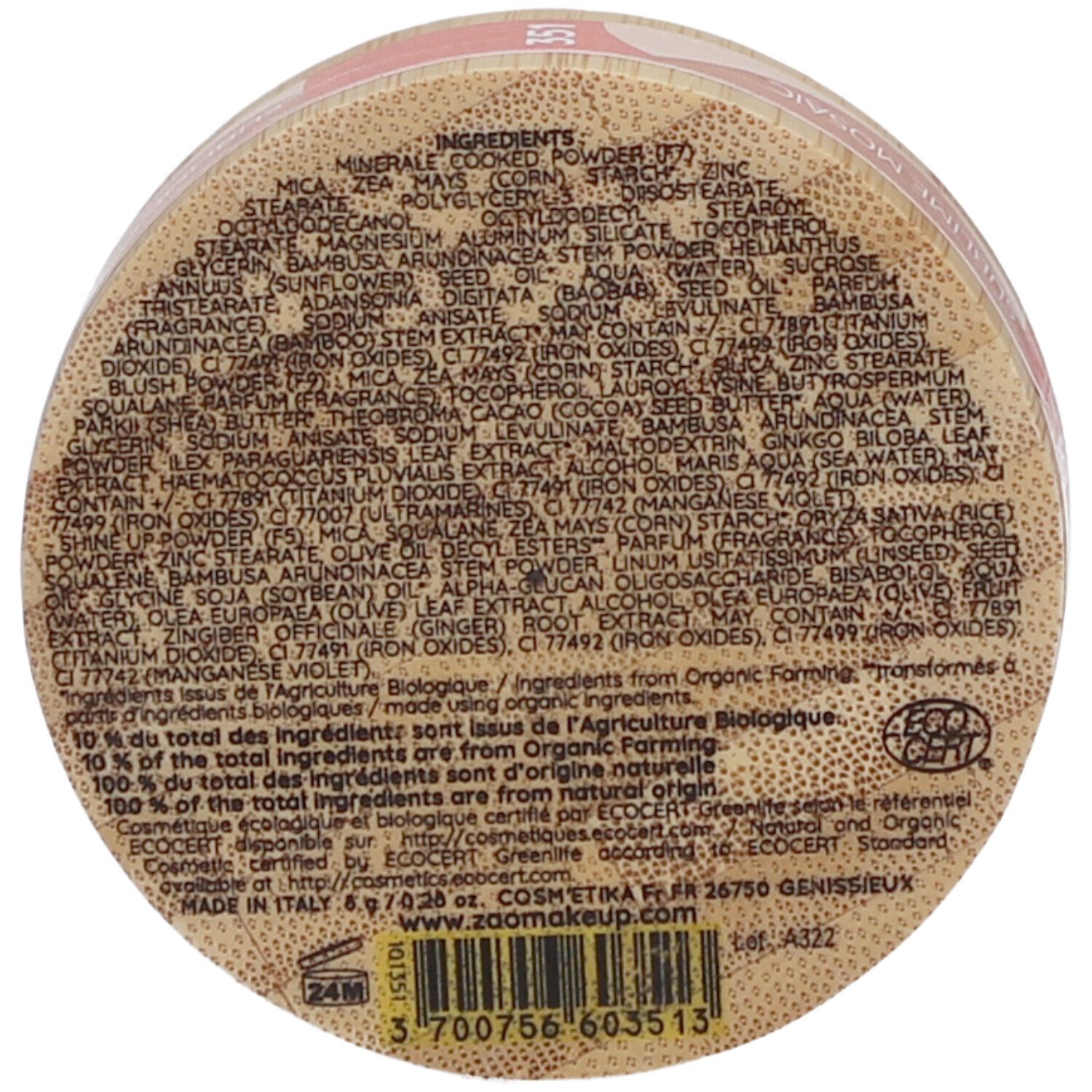 Runder Behälterboden mit Inhaltsstoffliste. Text: Inhaltsstoffe, Organic Farming, Made in Italy. Aufschrift: ZAO, 6.9 g, 24M.