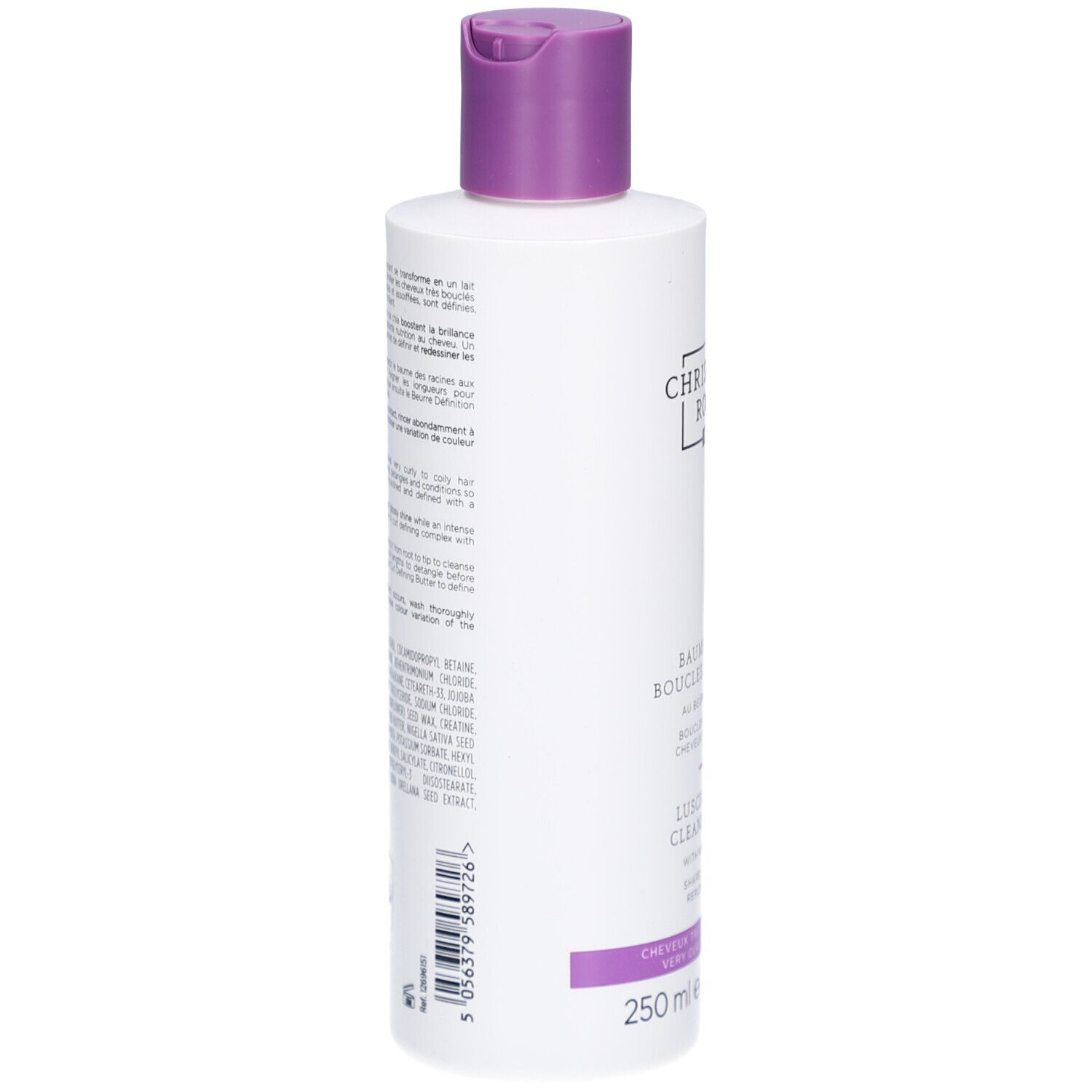 Rückseite des weißen Shampoo-Fläschchens mit lila Deckel. Text und Inhaltsstoffe sind aufgedruckt.