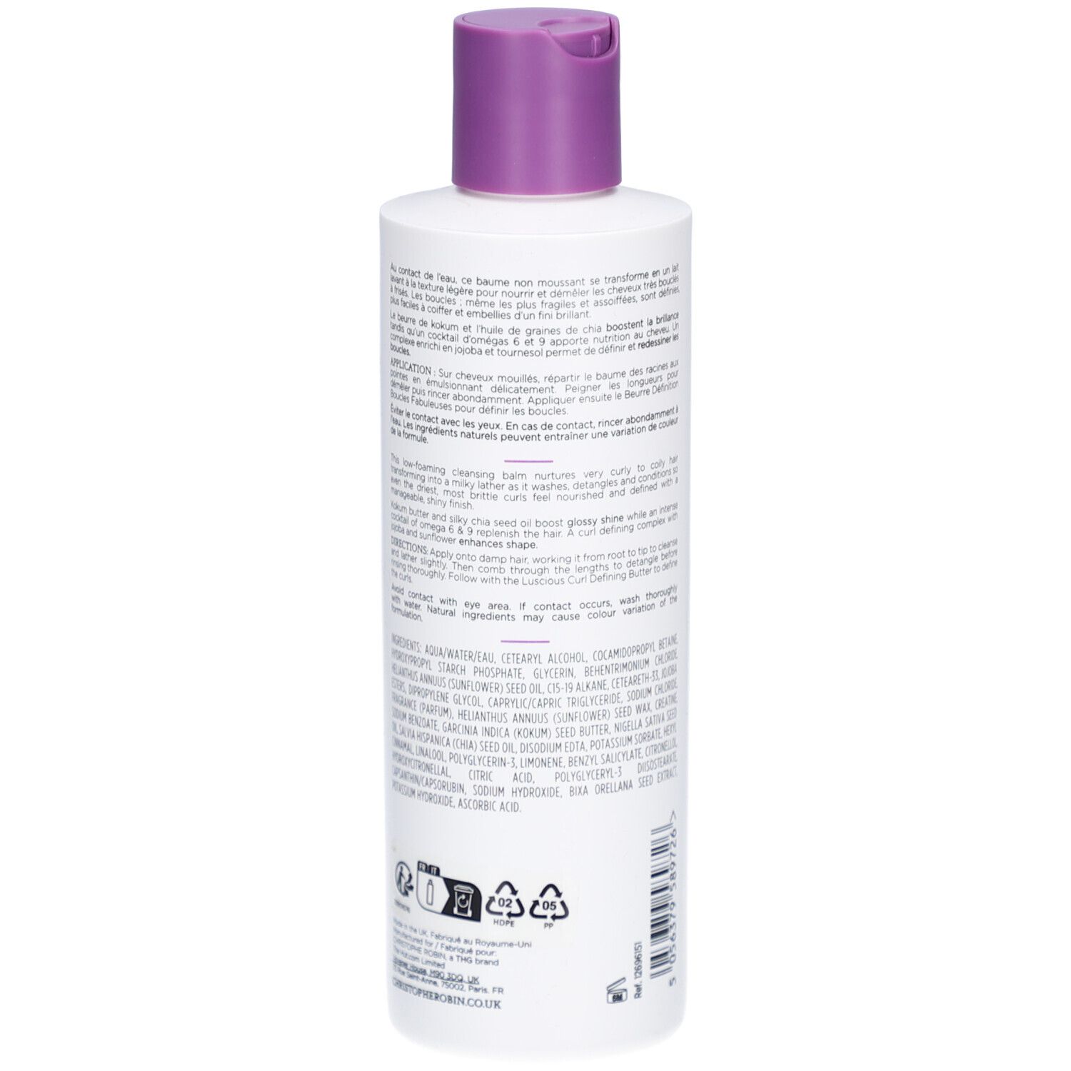 Rückseite des weißen Shampoo-Fläschchens mit lila Deckel. Text und Inhaltsstoffe sind aufgedruckt.