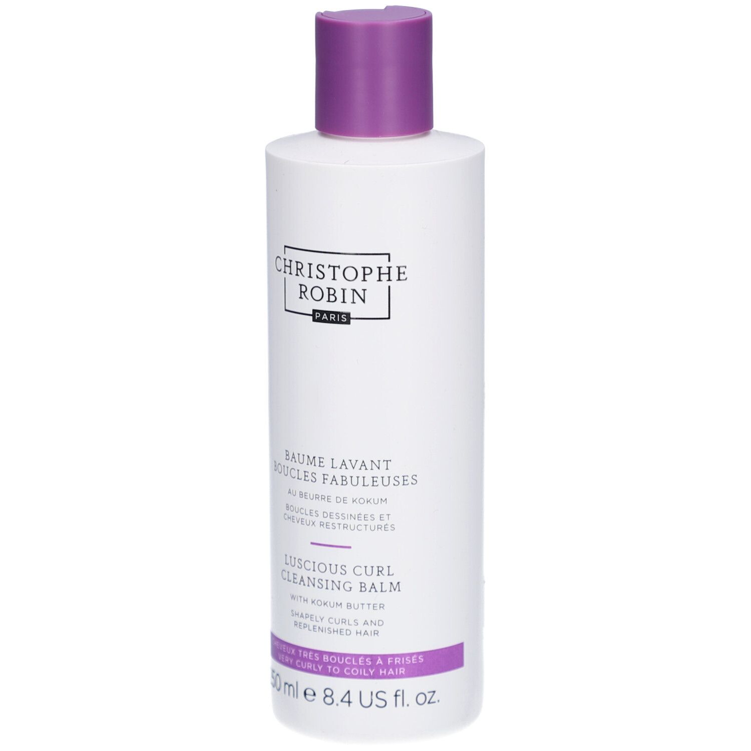 Weißes Shampoo-Fläschchen mit lila Deckel. Aufschrift: Christophe Robin Paris. Text: Baume Lavant Boucles Fabuleuses.
