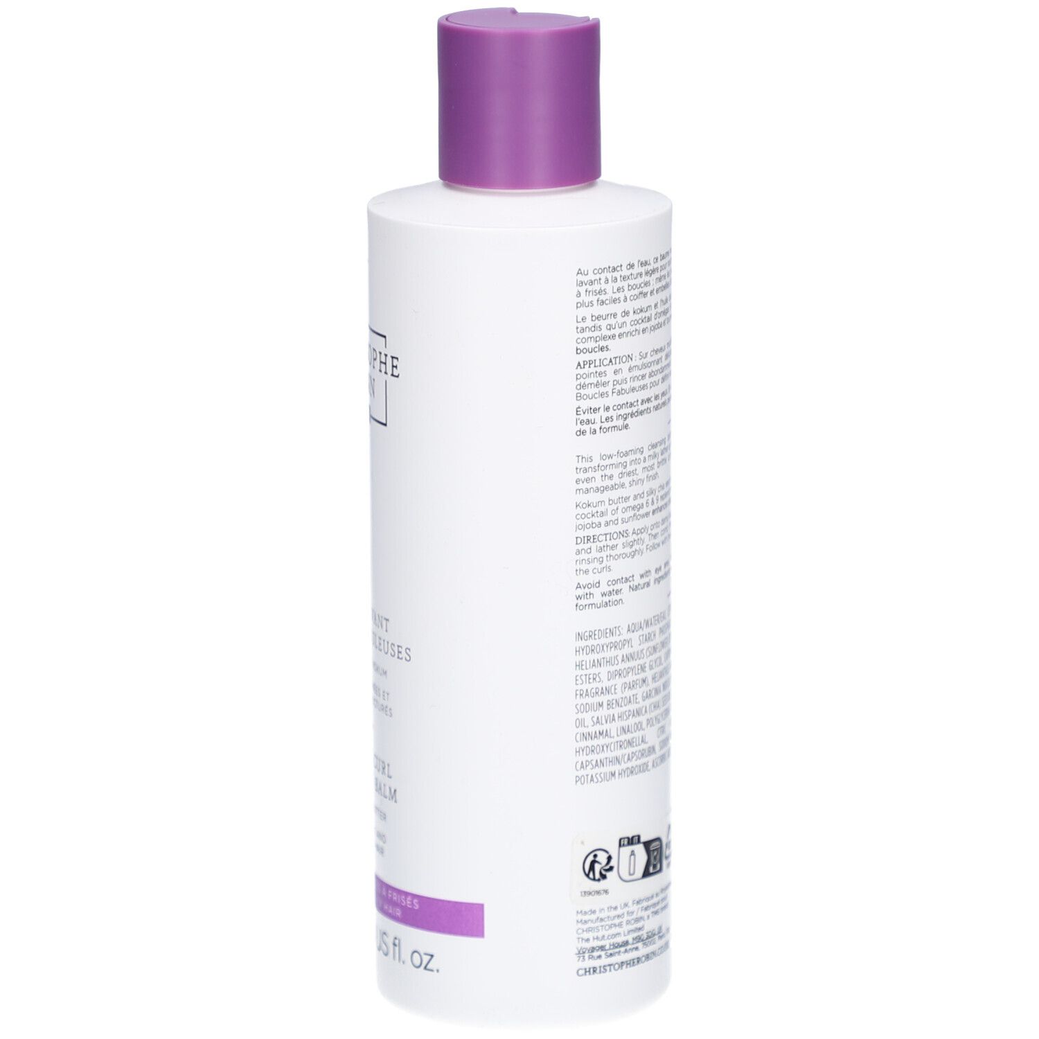 Rückseite des weißen Shampoo-Fläschchens mit lila Deckel. Text und Inhaltsstoffe sind aufgedruckt.