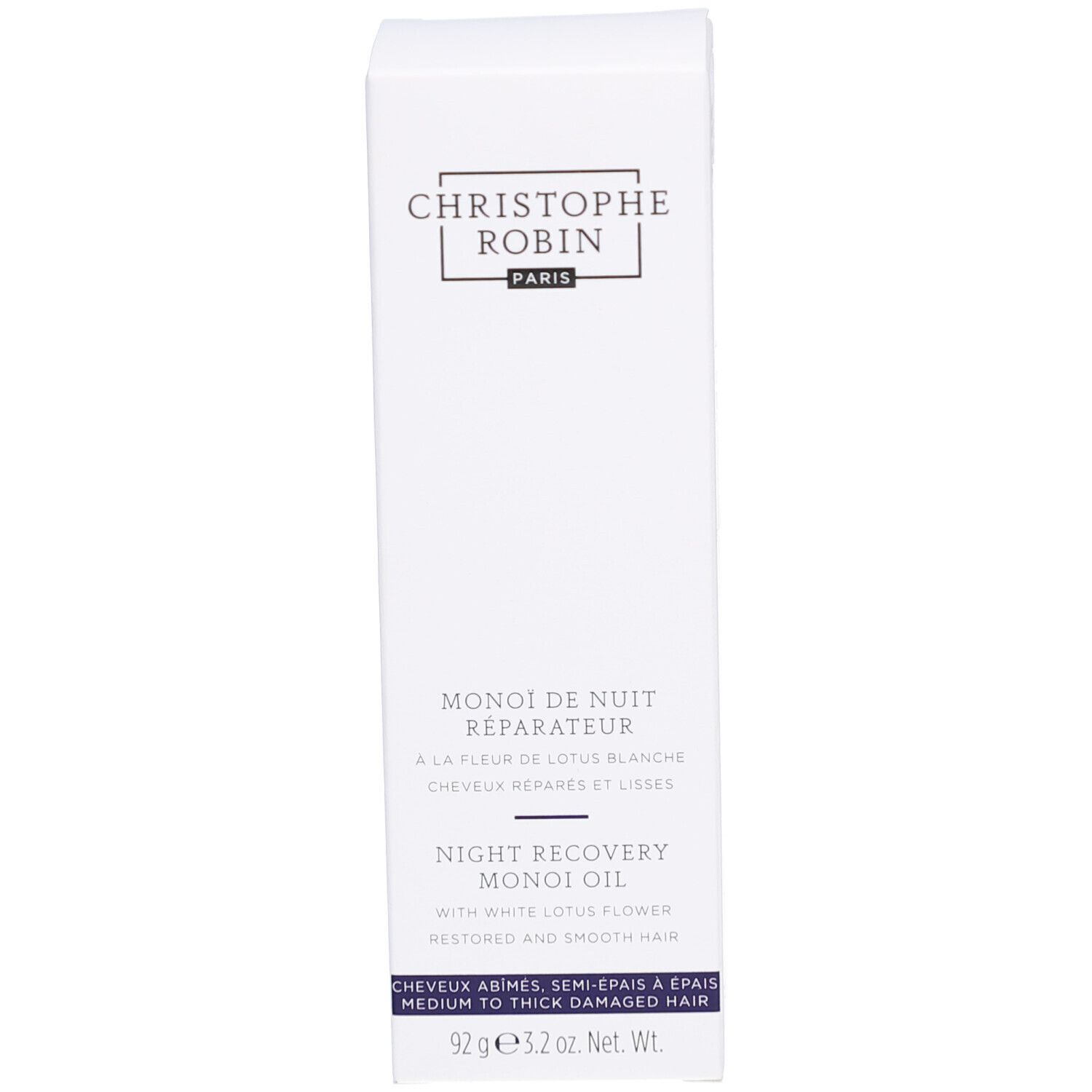 Emballage blanc. Inscription: CHRISTOPHE ROBIN PARIS. Texte: MONOI DE NUIT RÉPARATEUR, NIGHT RECOVERY MONOI OIL.