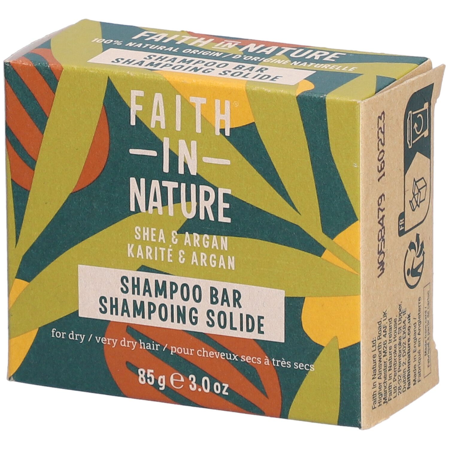 Boîte en carton avec logo et nom du produit. Inscription : Shampooing solide, Karité & Argan. 85g.