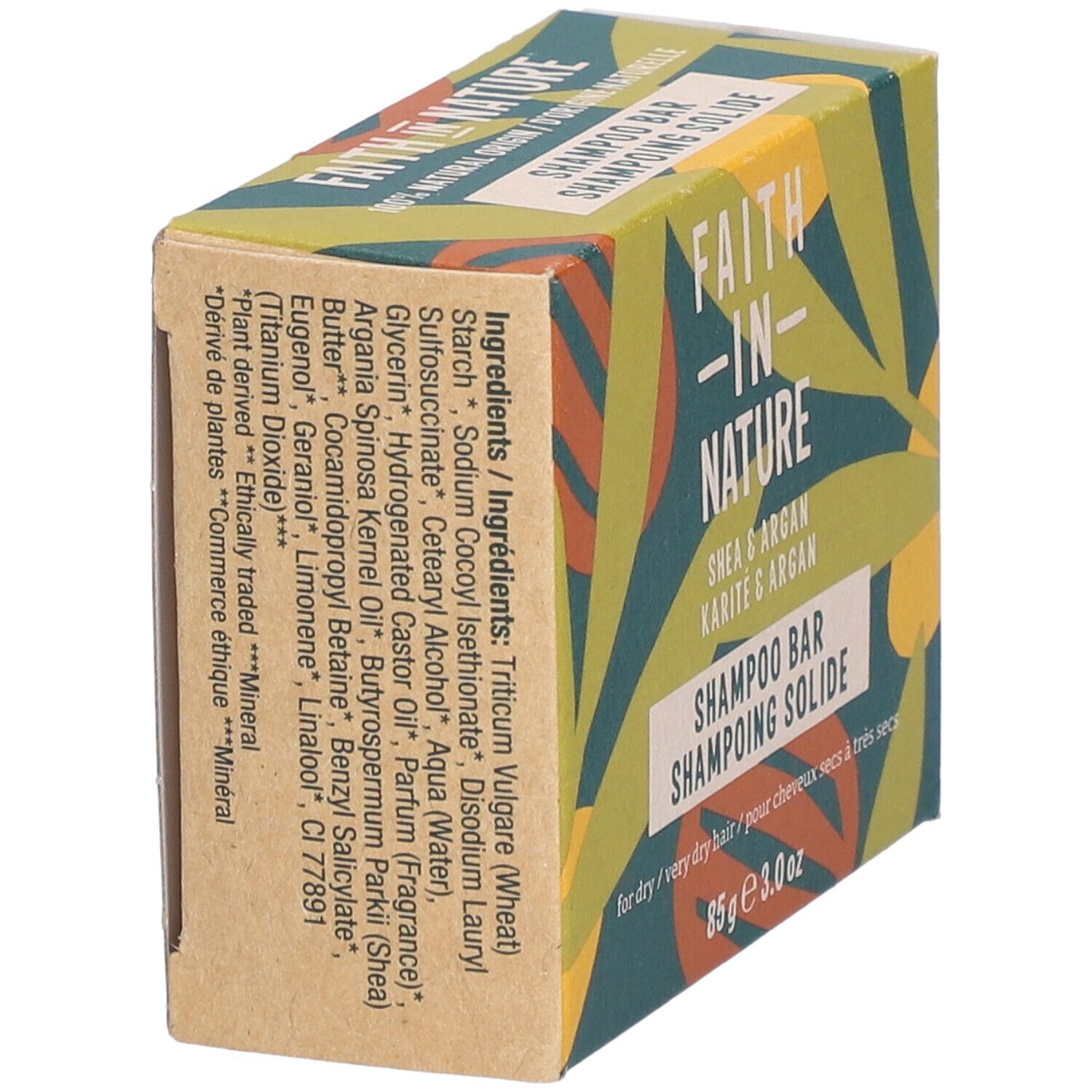 Vue latérale de la boîte en carton. Liste des ingrédients et informations. Inscription : Shea & Argan, Shampooing solide.