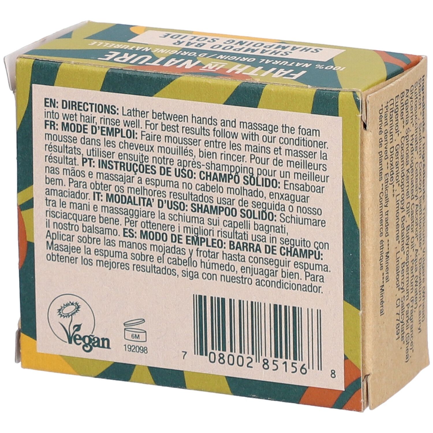 Dos de la boîte en carton. Mode d'emploi en plusieurs langues. Inscription : Shampooing solide, Vegan.