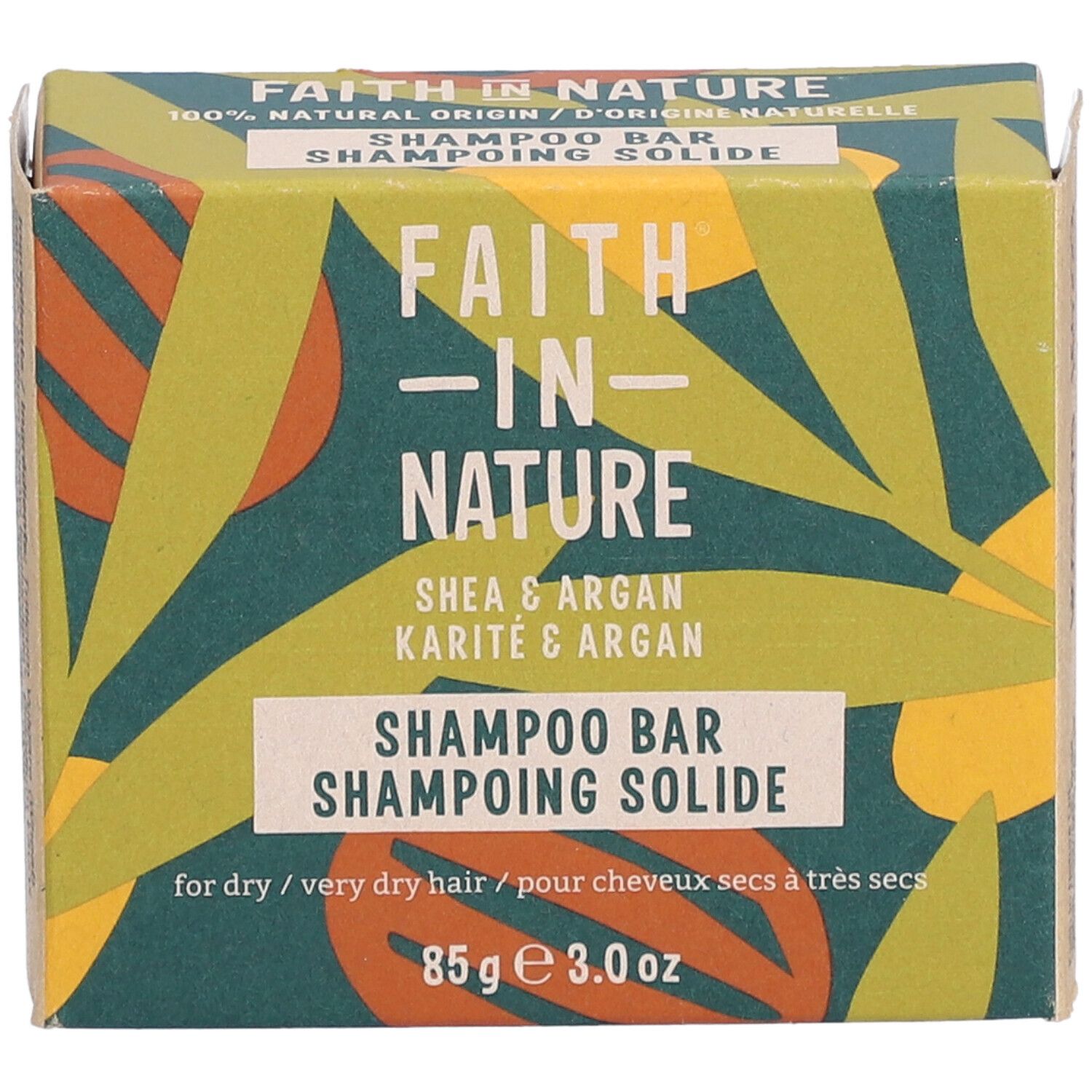 Boîte en carton avec logo et nom du produit. Inscription : Shampooing solide, Karité & Argan. 85g.