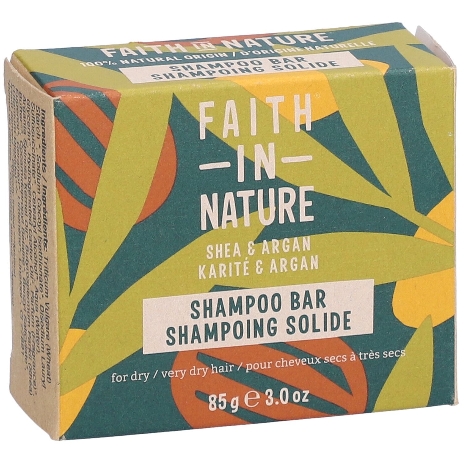 Boîte en carton avec logo et nom du produit. Inscription : Shampooing solide, Karité & Argan. 85g.