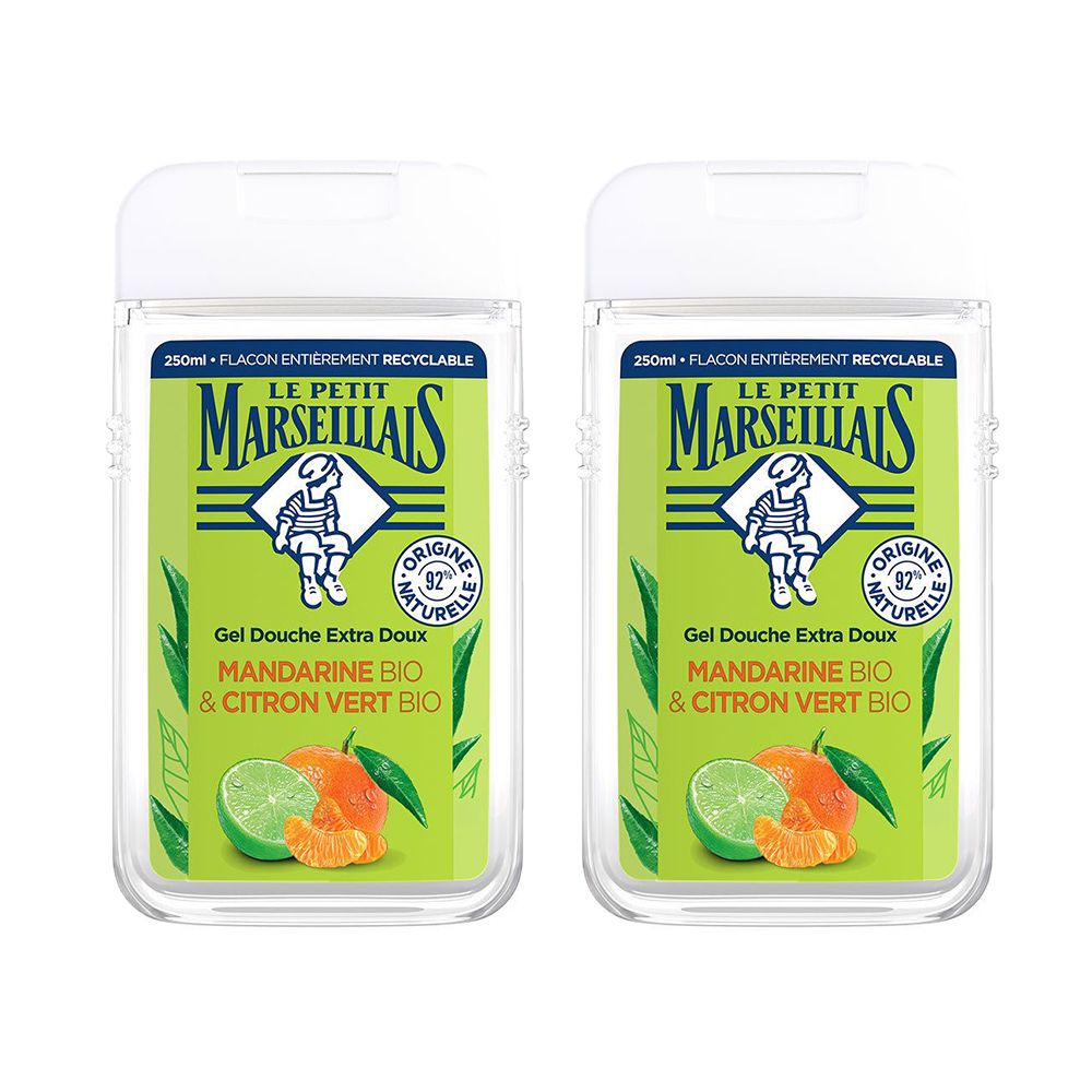 Zwei transparente Flakons mit grünem Etikett. Aufschrift: Le Petit Marseillais, Gel Douche Extra Doux Mandarine Bio & Citron Vert Bio.