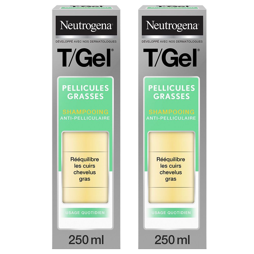 Deux boîtes de shampooing Neutrogena T/Gel, pour pellicules grasses. Inscription: Shampooing anti-pelliculaire. Flacons de 250 ml.