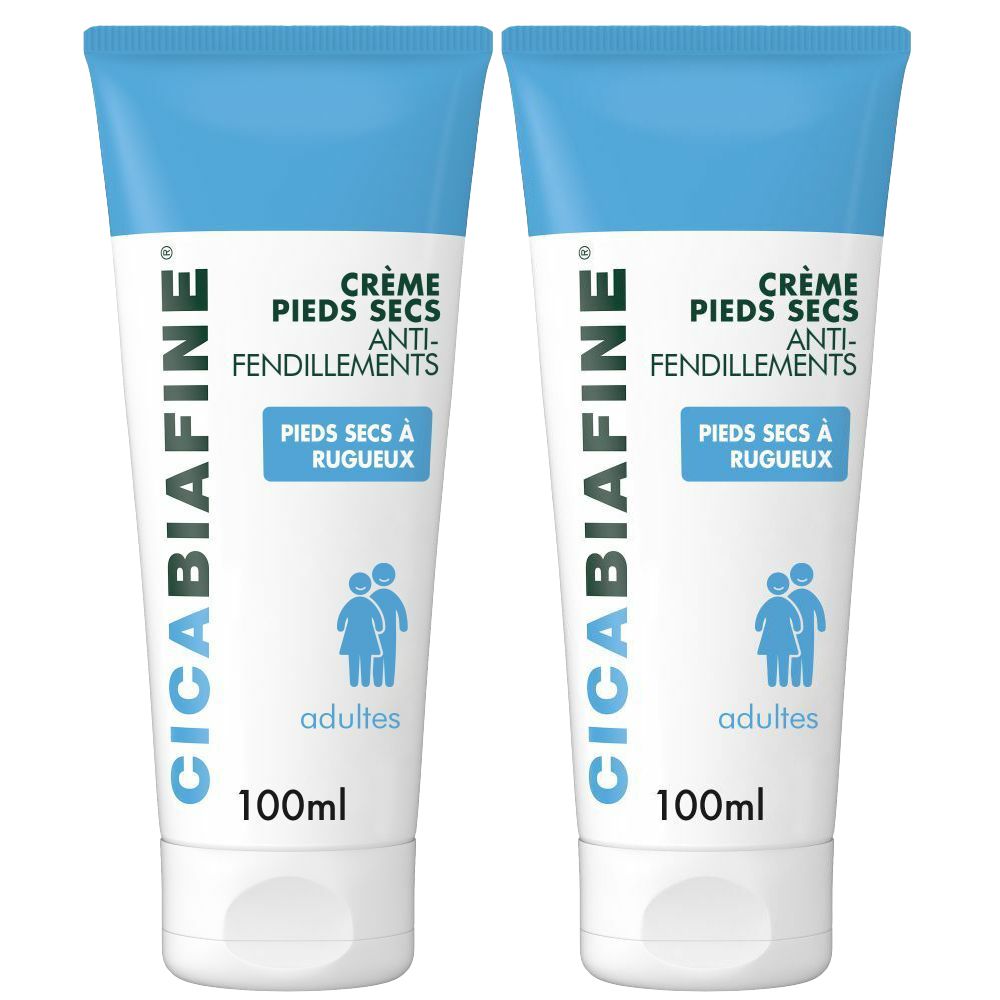 Deux tubes de crème. Inscription : CICABIAFINE, Crème pieds secs anti-fendillements. Pour pieds secs et rugueux. Pour adultes.