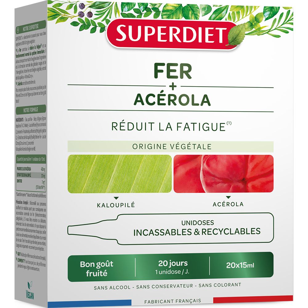 Boîte SUPERDIET Fer + Acerola. Contient 20 ampoules. Réduit la fatigue. Vegan. Fabricant français.
