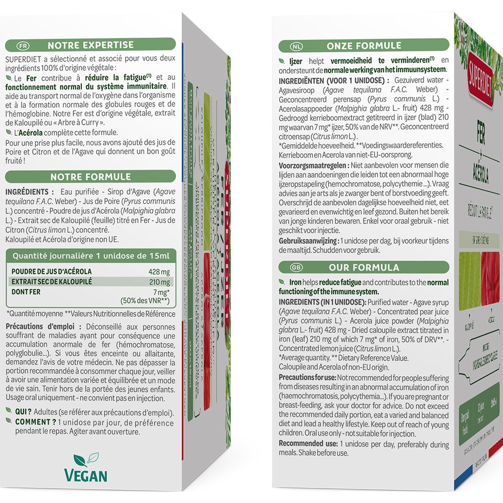 Dos de la boîte avec ingrédients et conseils d'utilisation. Contient agave, acérola et kaloupilé. Vegan.