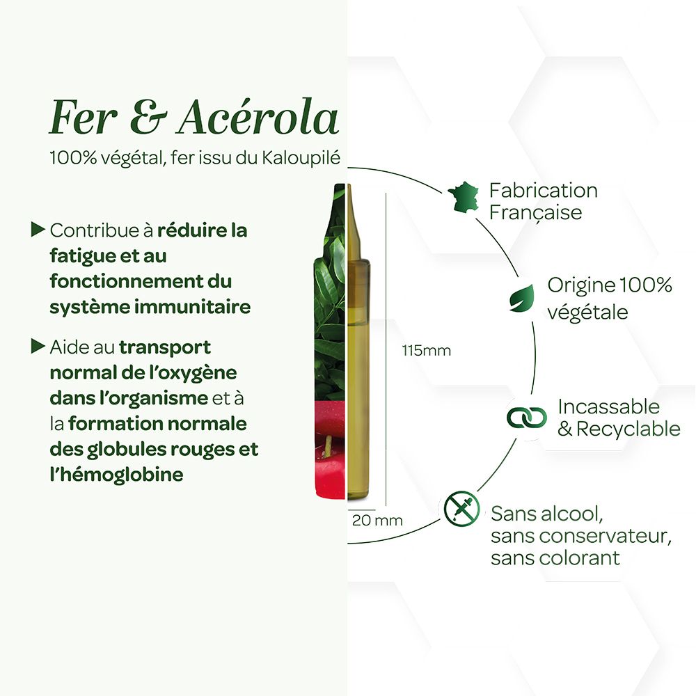 Ampoule Fer & Acerola. 100% végétal. Dimensions: 115mm x 20mm. Réduit la fatigue. Ingrédients: Kaloupilé.