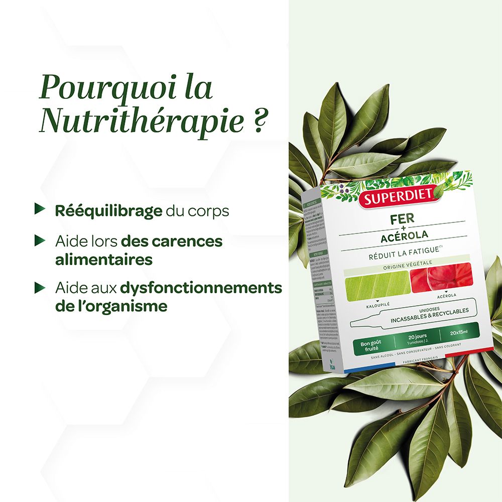 Emballage du produit SUPERDIET Fer + Acerola. Entouré de feuilles. Réduit la fatigue. Pour la Nutri-thérapie.