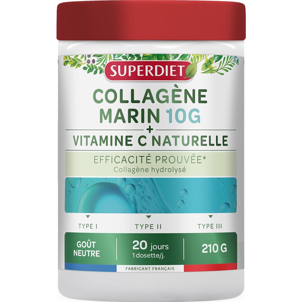 Weißes Produktglas mit rotem Deckel. Aufschrift: COLLAGÈNE MARIN 10G + VITAMINE C NATURELLE. 210g. Herstellerlogo.