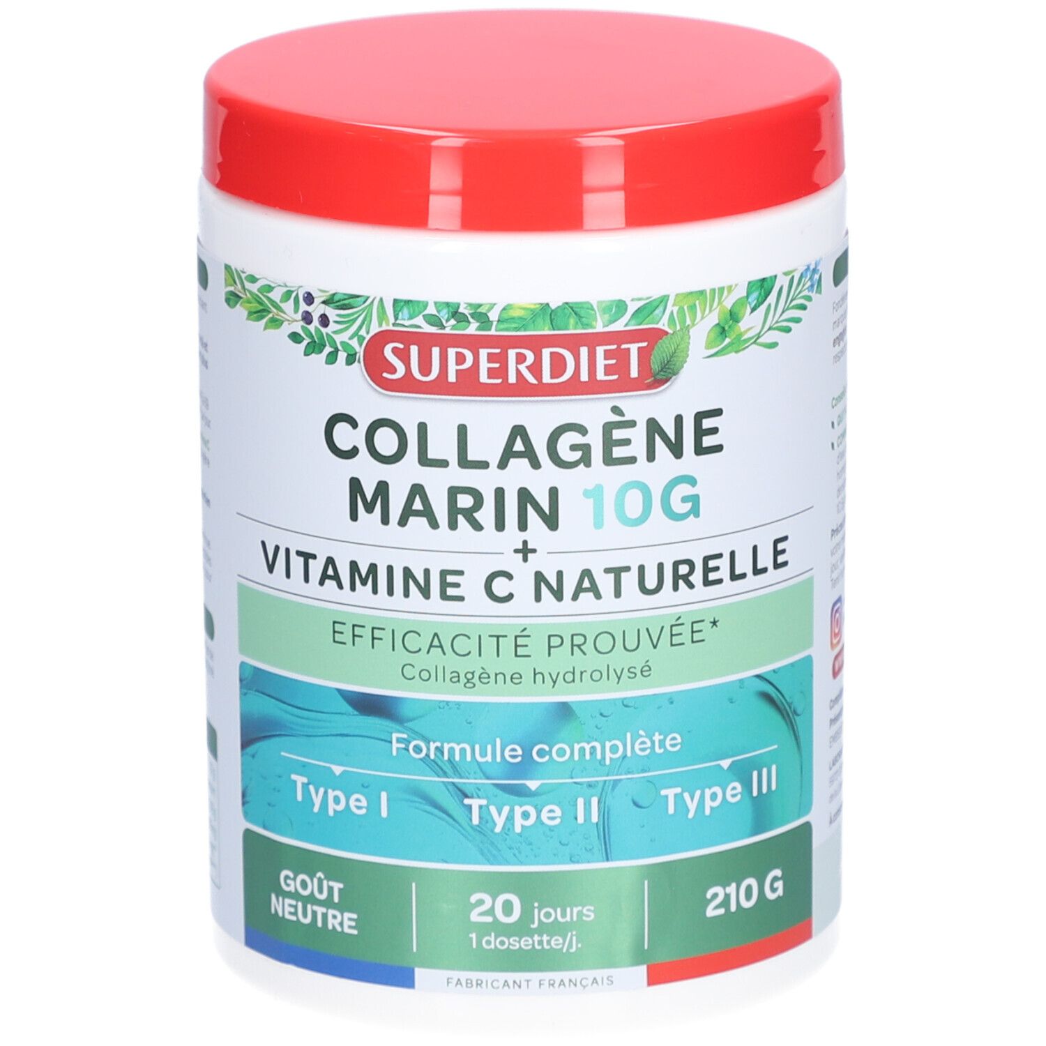 Weißes Produktglas mit rotem Deckel. Aufschrift: Superdiet Collagène Marin 10G + Vitamine C Naturelle. 210g.