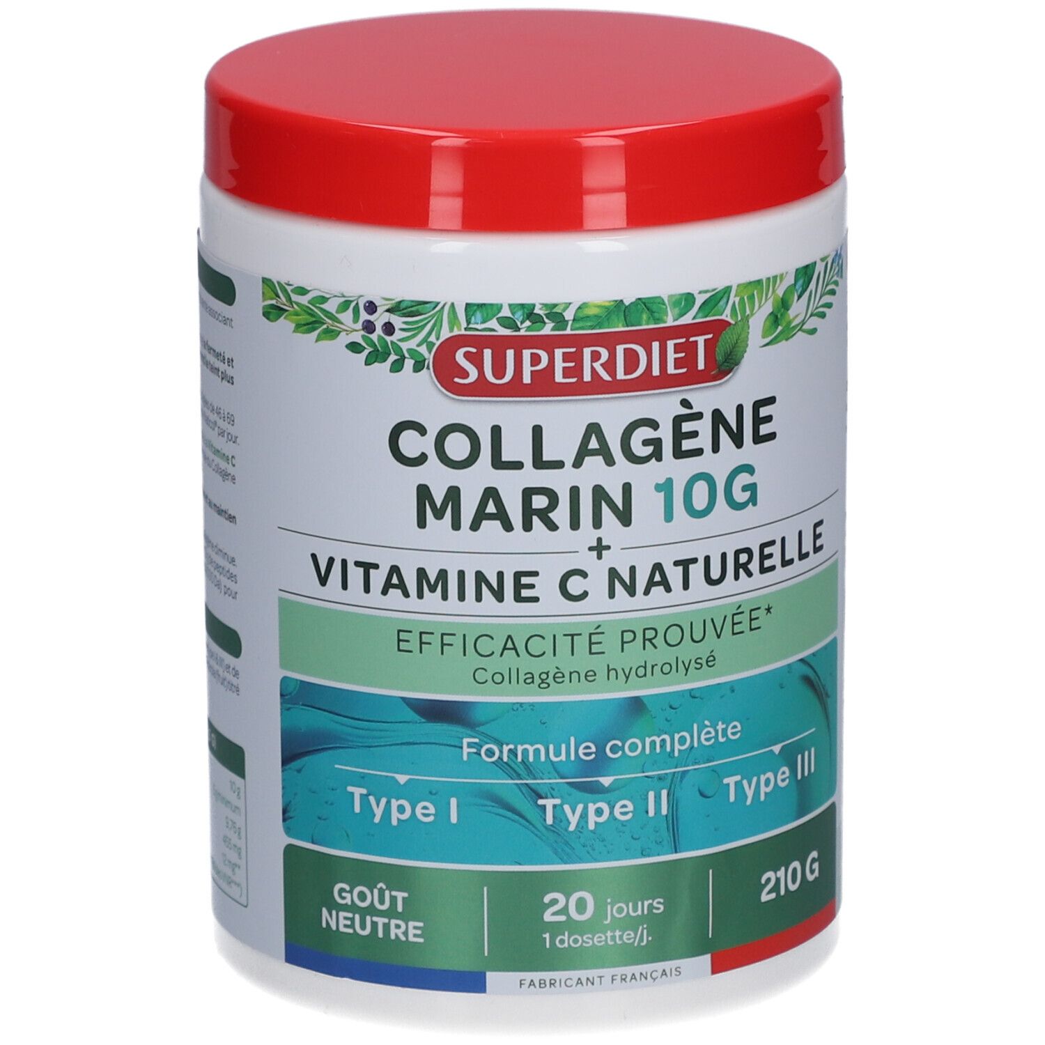 Weißes Produktglas mit rotem Deckel. Aufschrift: Superdiet Collagène Marin 10G + Vitamine C Naturelle. 210g. Geschmacksneutral.