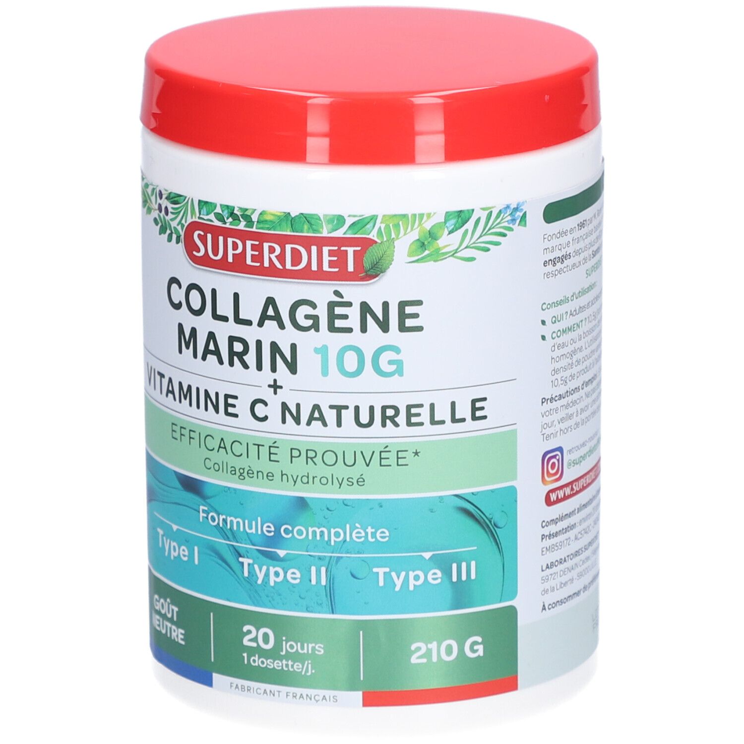 Weißes Produktglas mit rotem Deckel. Aufschrift: Superdiet Collagène Marin 10G + Vitamine C Naturelle. 210g. Mit Logo.
