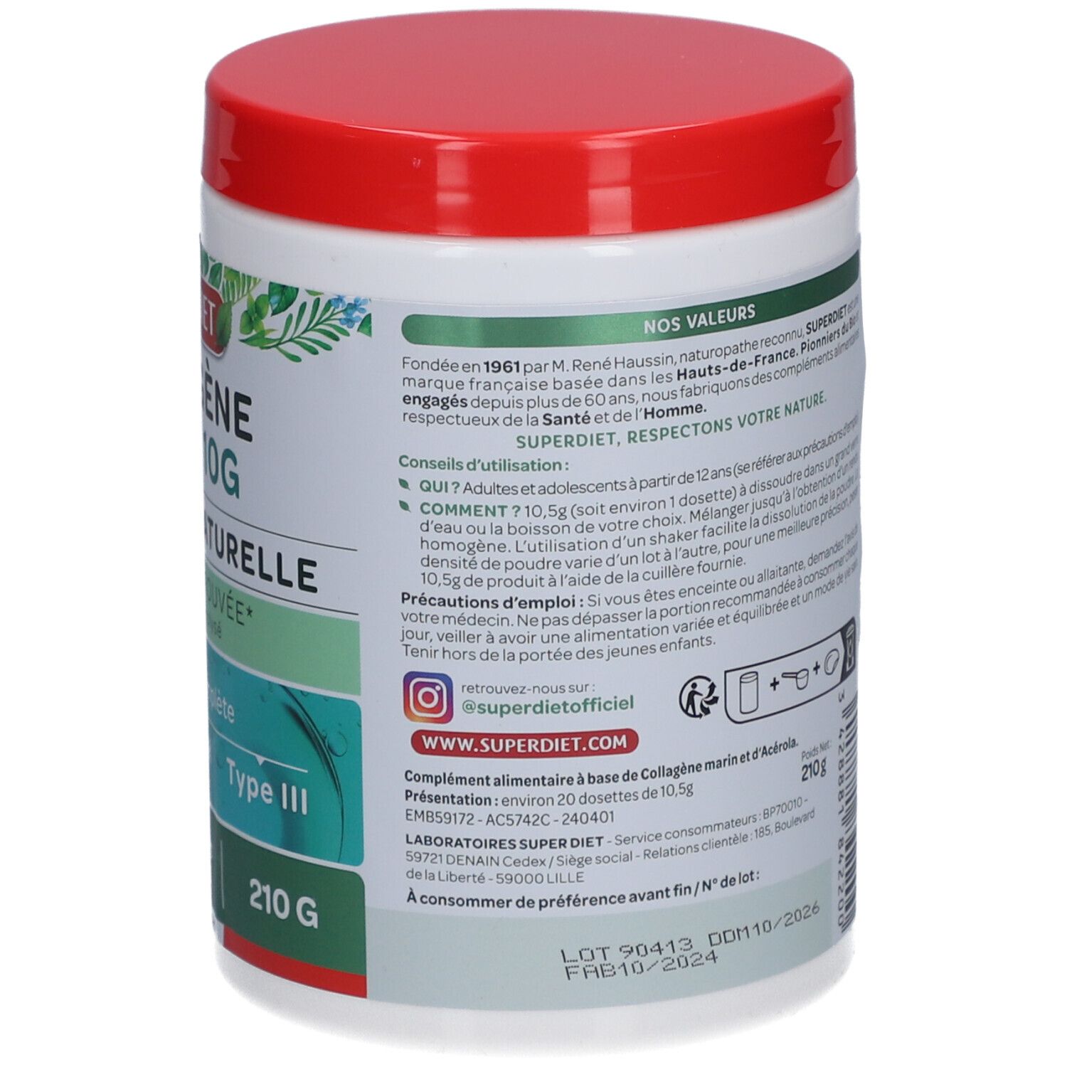 Weißes Produktglas mit rotem Deckel. Aufschrift: Superdiet Collagène Marin 10G + Vitamine C Naturelle. 210g. Informationen.