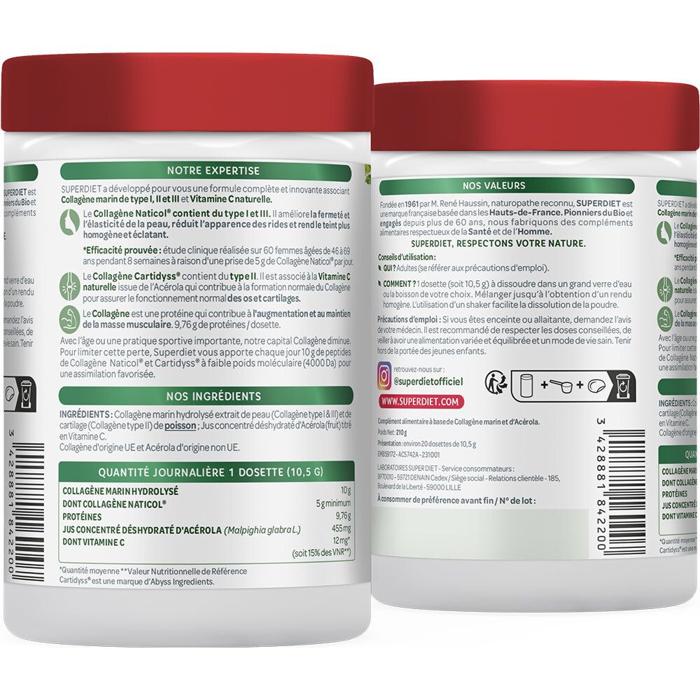 Zwei Produktetiketten. Inhaltsstoffe, Dosierung, Herstellerinformationen. Aufschrift: COLLAGÈNE MARIN. Herstellerlogo. 210g.