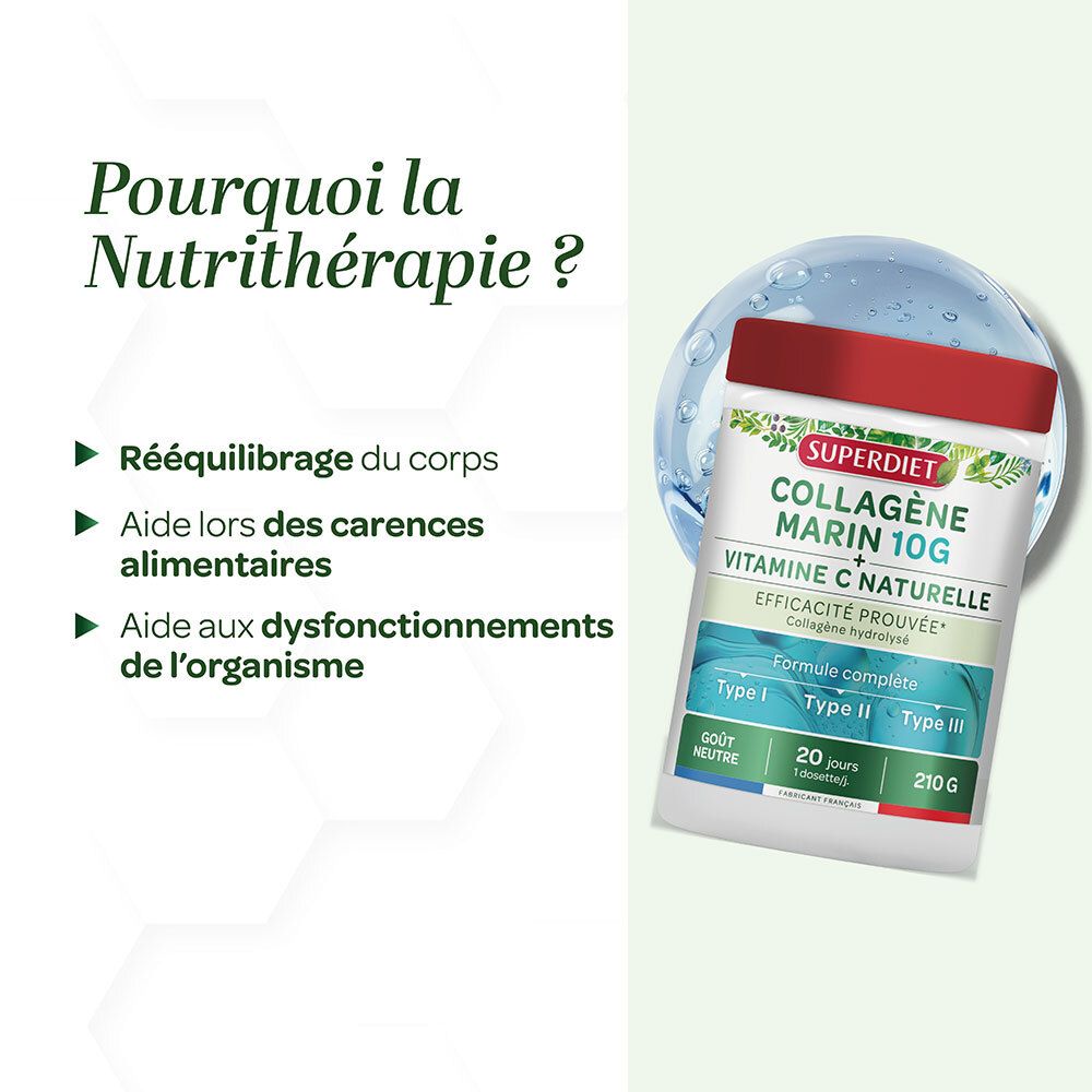 Produktabbildung in einer Grafik. Informationen zur Nutrithérapie. Aufschrift: COLLAGÈNE MARIN 10G + VITAMINE C NATURELLE.