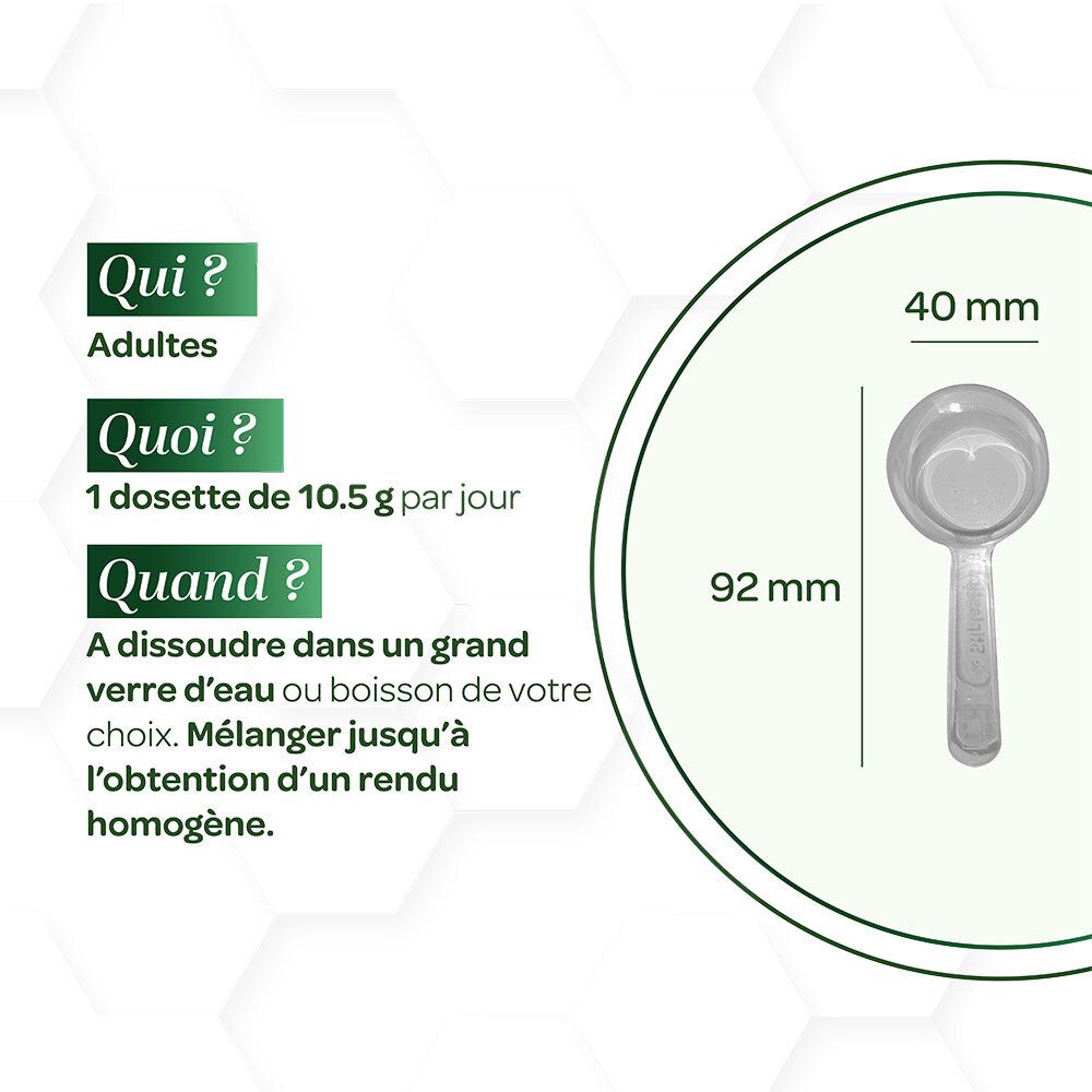 Messlöffel. Maße: 40mm x 92mm. Informationen zur Dosierung: 10,5g pro Tag. Auflösen in Wasser oder Getränk.