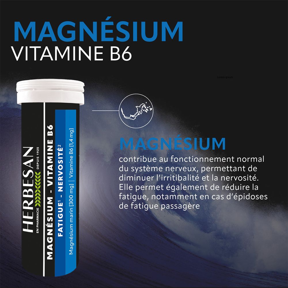 Publicité Herbesan Magnesium Vitamine B6. Texte sur les bienfaits du produit et son action sur la fatigue.