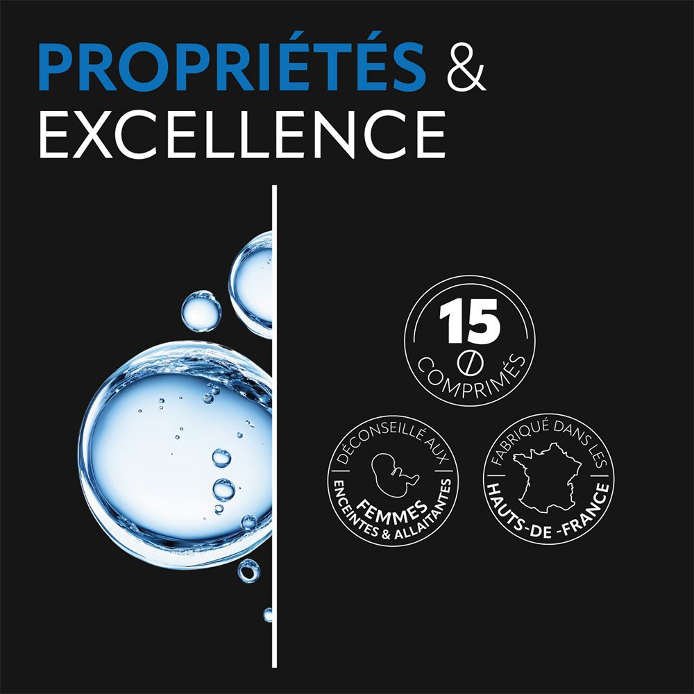 Graphique avec informations sur le produit. 15 comprimés, déconseillé aux femmes enceintes et allaitantes. Fabriqué en France.
