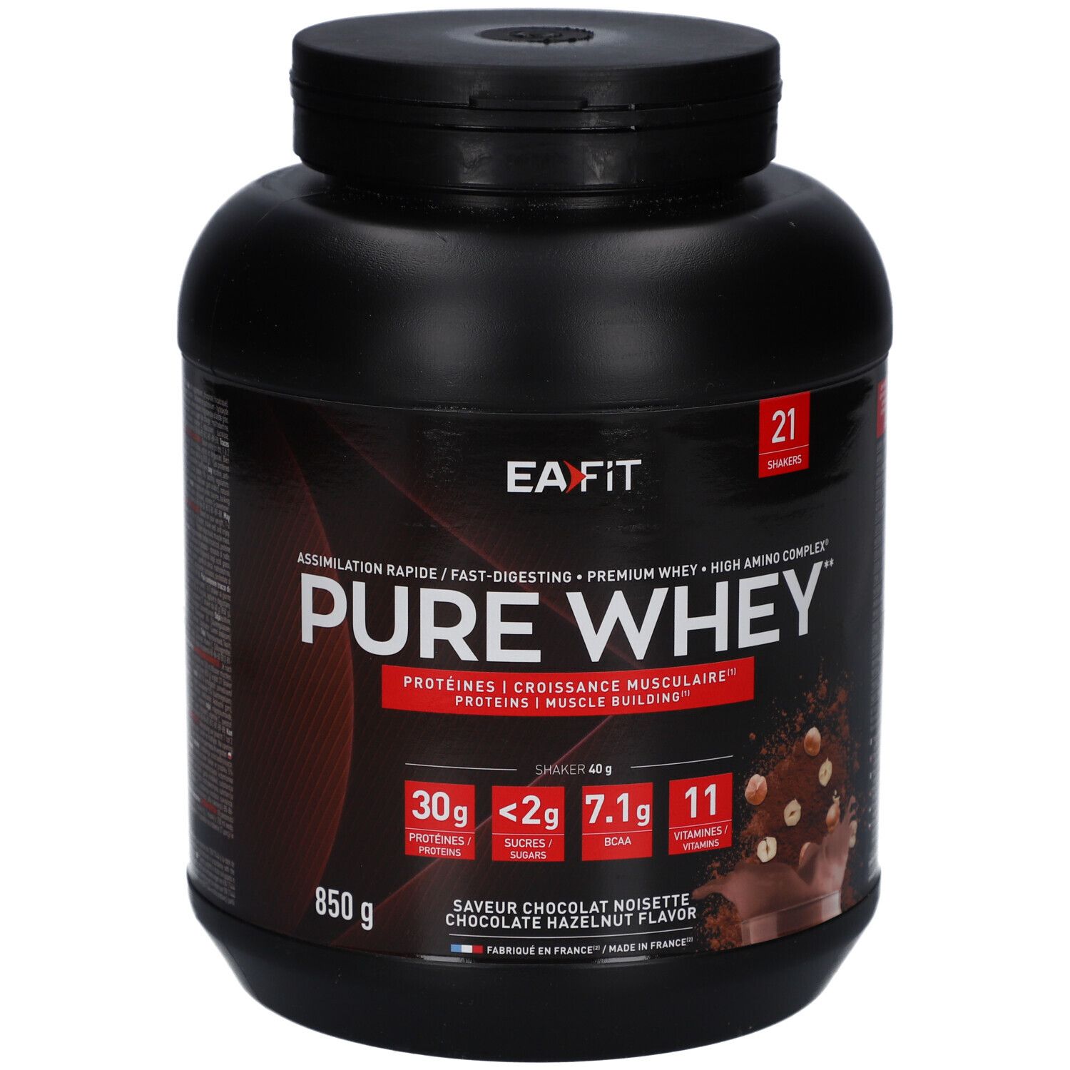 Schwarze Dose mit EAFIT Pure Whey. Aufschrift: Pure Whey, 850g, Schoko-Haselnuss-Geschmack. Enthält Proteine, Zucker, BCAAs und Vitamine.