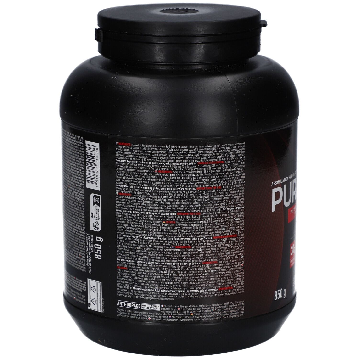 Rückseite der schwarzen Dose EAFIT Pure Whey. Text in mehreren Sprachen. Enthält Nährwertangaben und Inhaltsstoffe. 850g.