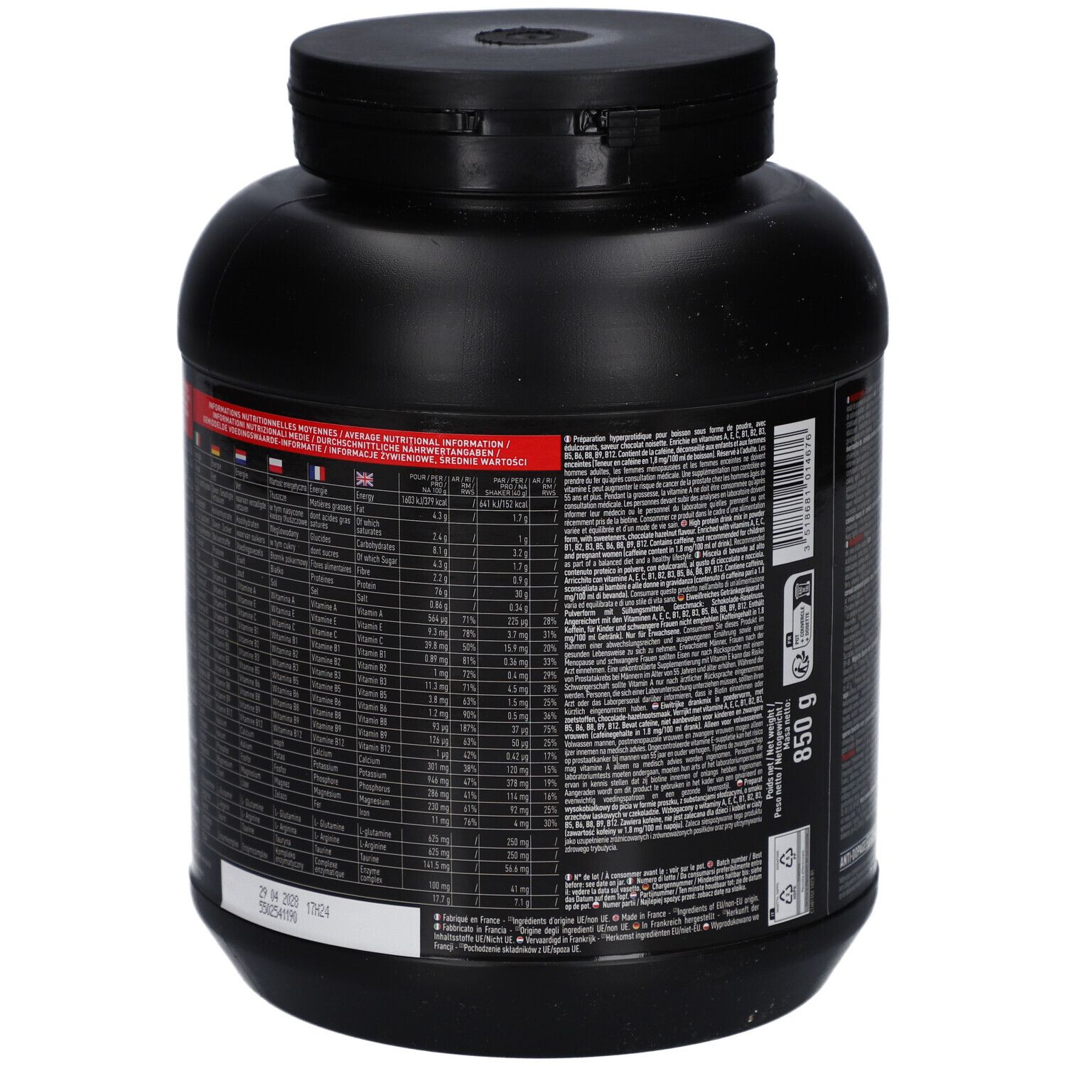 Rückseite der schwarzen Dose EAFIT Pure Whey. Nährwertangaben und Inhaltsstoffe in Tabellenform. 850g.