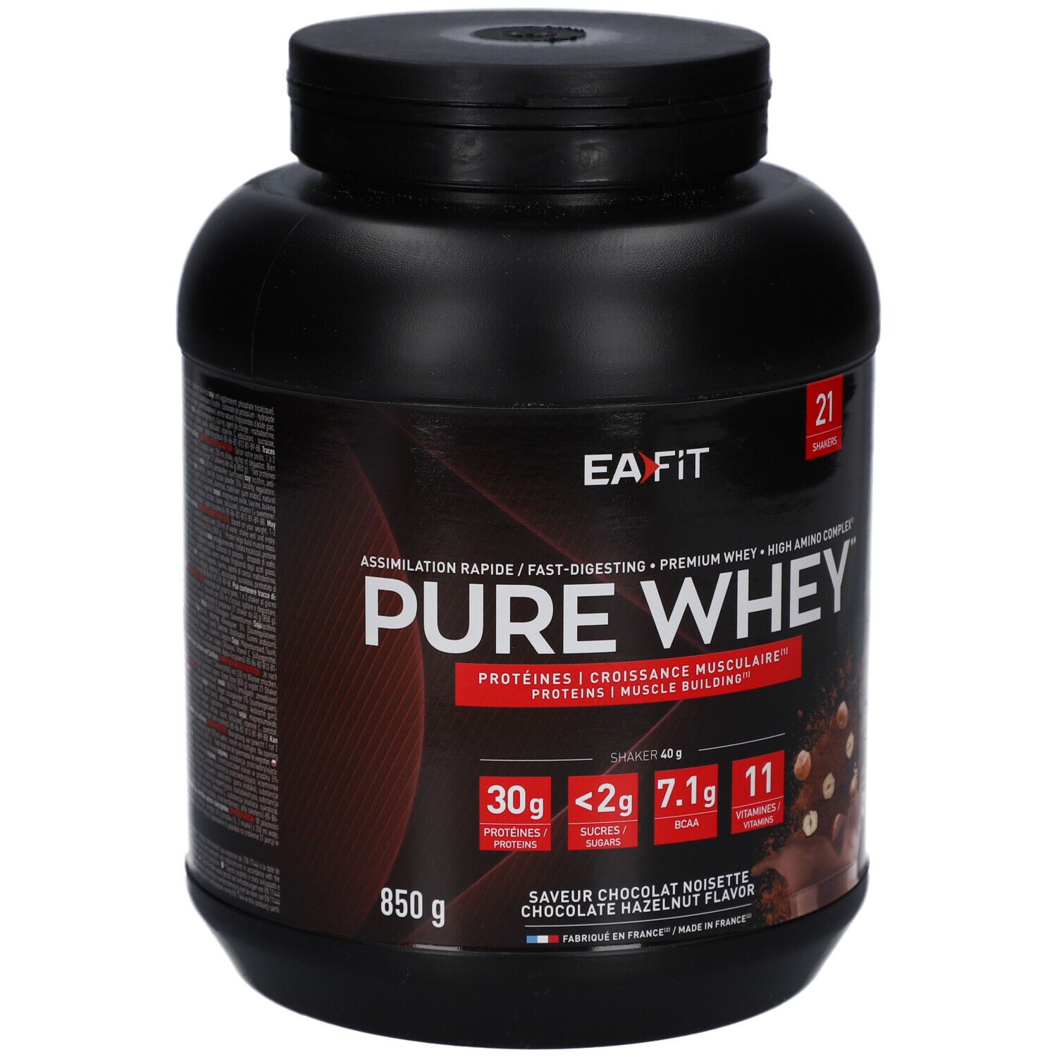 Schwarze Dose EAFIT Pure Whey. Aufschrift: Pure Whey, 850g, Schoko-Haselnuss-Geschmack. Enthält Proteine, Zucker, BCAAs und Vitamine.