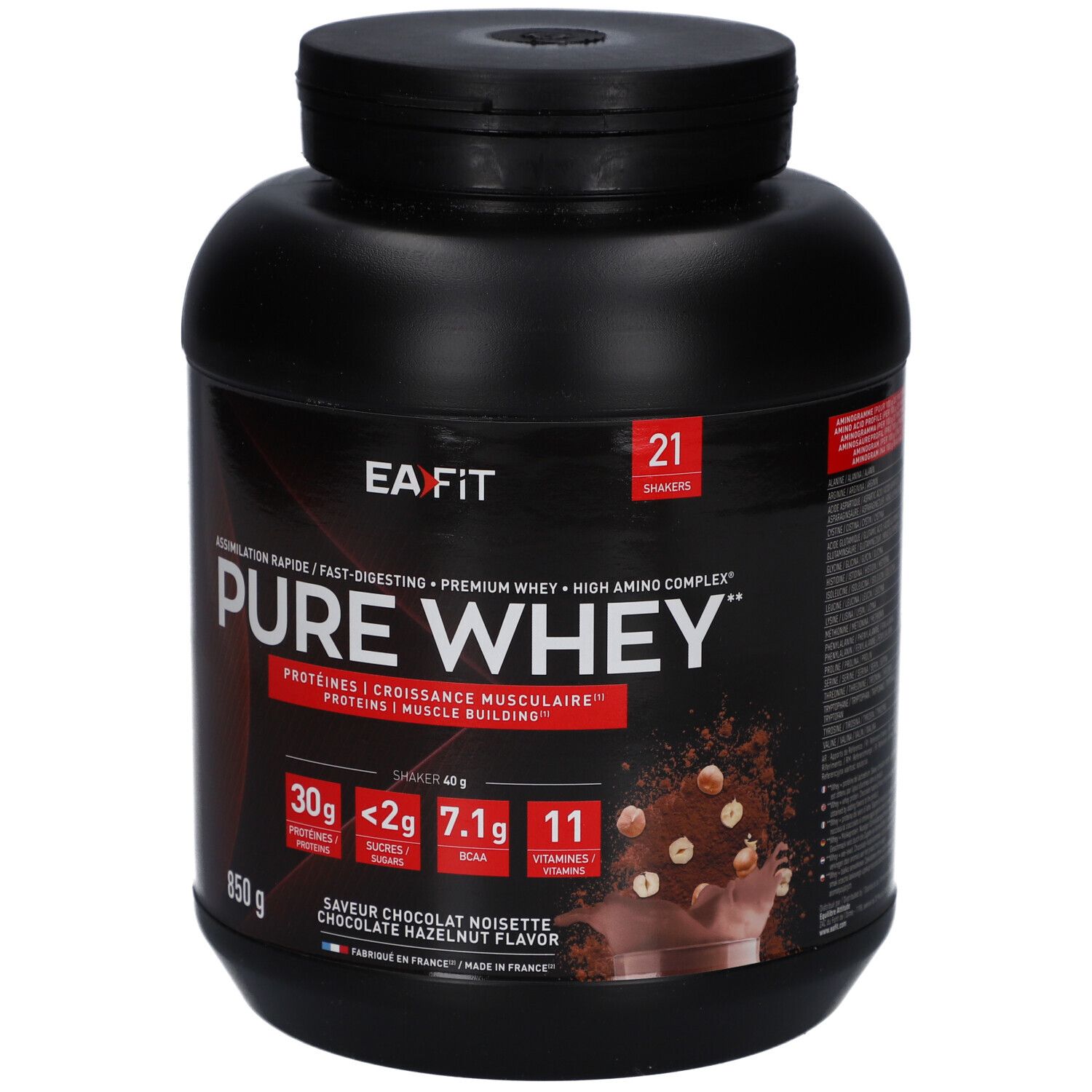 Schwarze Dose EAFIT Pure Whey. Aufschrift: Pure Whey, 850g, Schoko-Haselnuss-Geschmack. Enthält Proteine, Zucker, BCAAs und Vitamine.