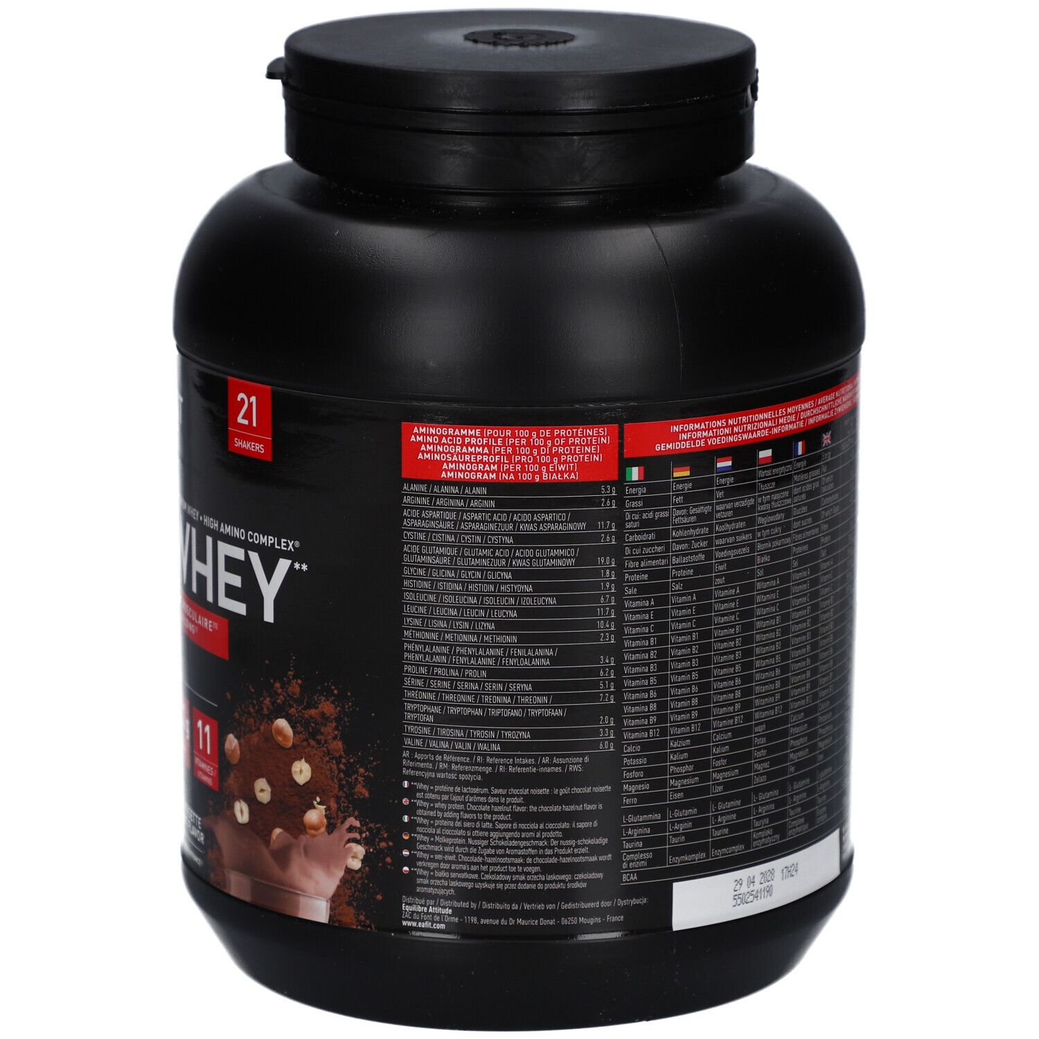 Rückseite der schwarzen Dose EAFIT Pure Whey. Text in mehreren Sprachen. Enthält Nährwertangaben und Inhaltsstoffe. 850g.