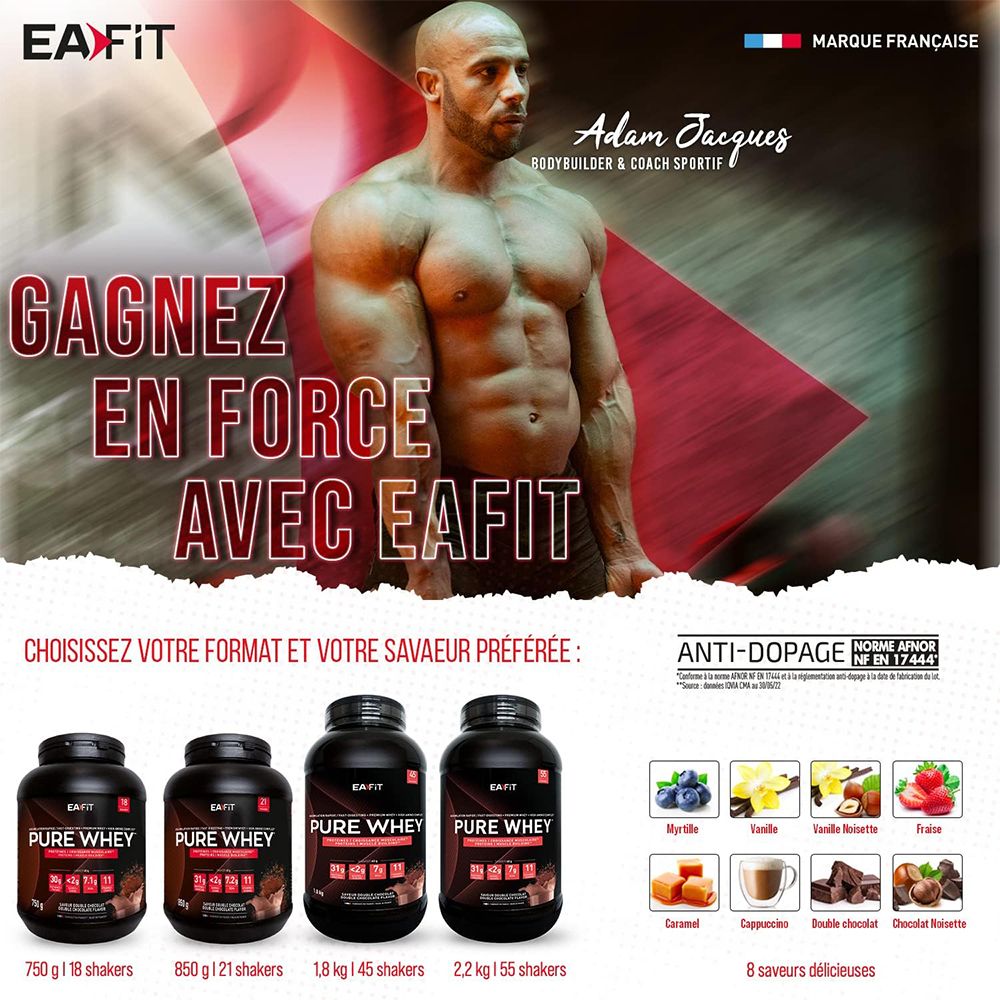 Homme musclé. Trois pots EA FIT Pure Whey de différentes tailles et saveurs. 8 saveurs.