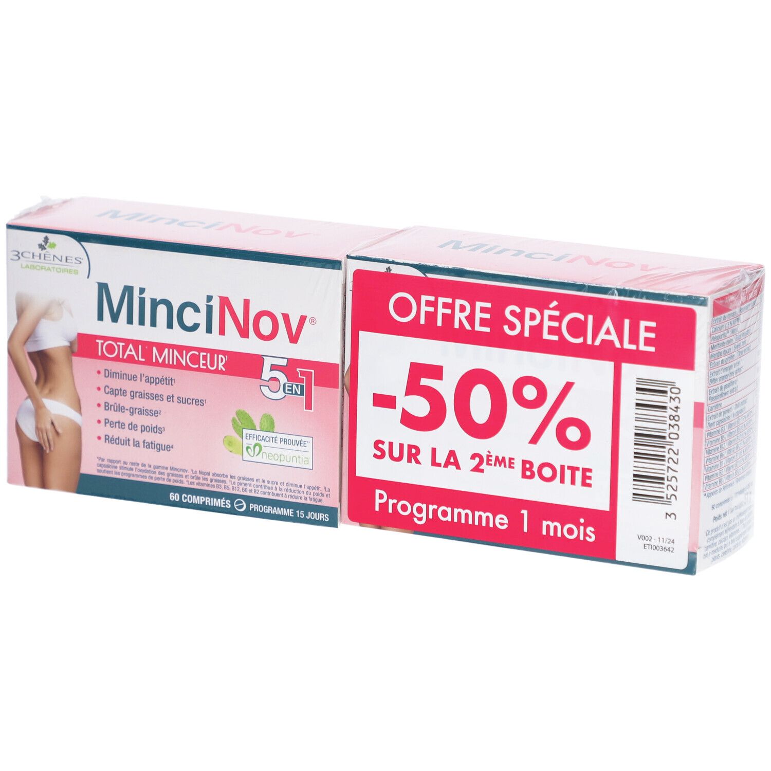Deux boîtes de Mincinov Total Minceur 5 en 1. Une affiche "-50% sur la 2ème boîte".
